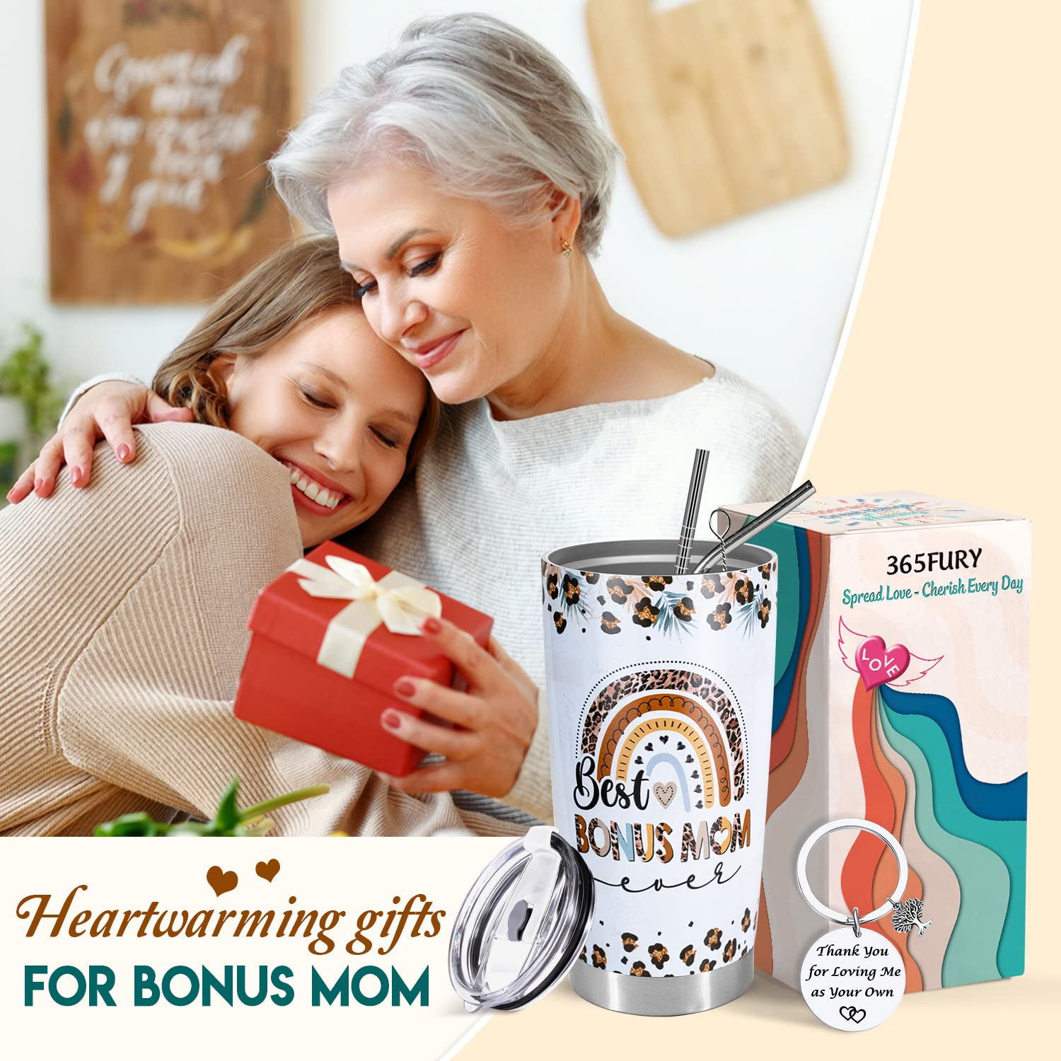 Geschenkset Für Bonus-Mama – Becher & Schlüsselanhänger Mit Liebevoller Botschaft