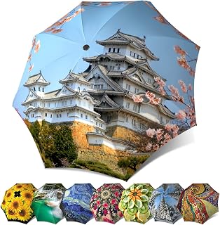 Japanese Art Umbrella for Women - Compact Automatic Rain Umbrella Japan Cherry Blossoms Design - Folding Colorful Umbrella with Sleeve - Cute Floral Pink Umbrella Travel Themed Gift by LB