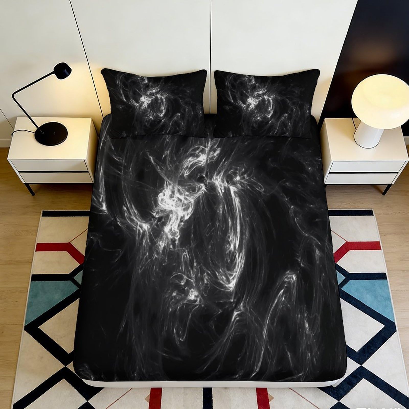 3D Printed Black Smoke Fitted Sheet Microfiber Soft Breathable Abstract Swirl Bed Cover for Bedroom Dormitory Guest Room Mattress Protection Decor 160x200x25cm