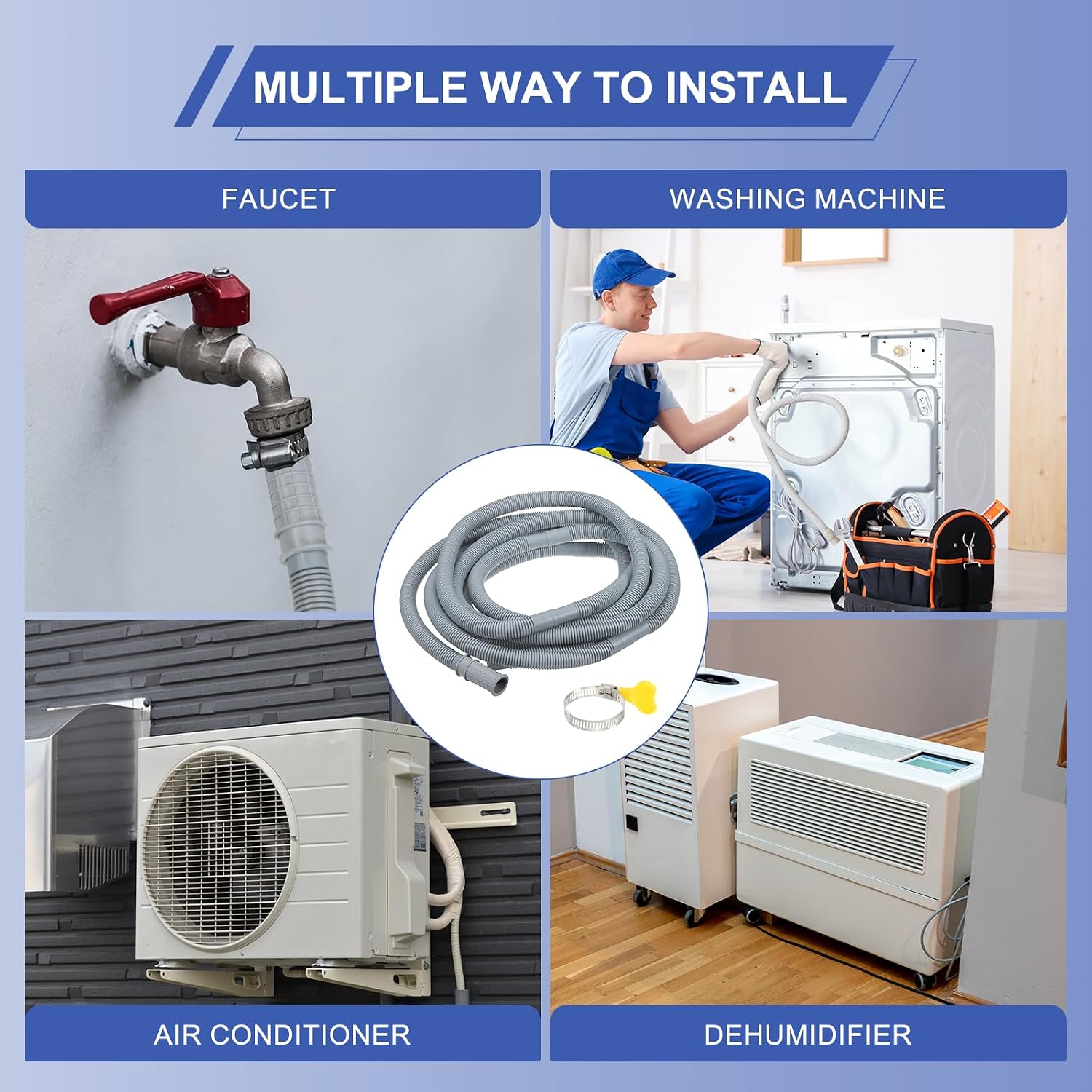 PATIKIL 16.4Ft Air Conditioner Drain Kit, 1 Set Universal AC Drain Hose Connector Hose with Clamp & Rubber Adapter for Mini-Split Window Portable AC Unit Dehumidifier Faucet, Gray