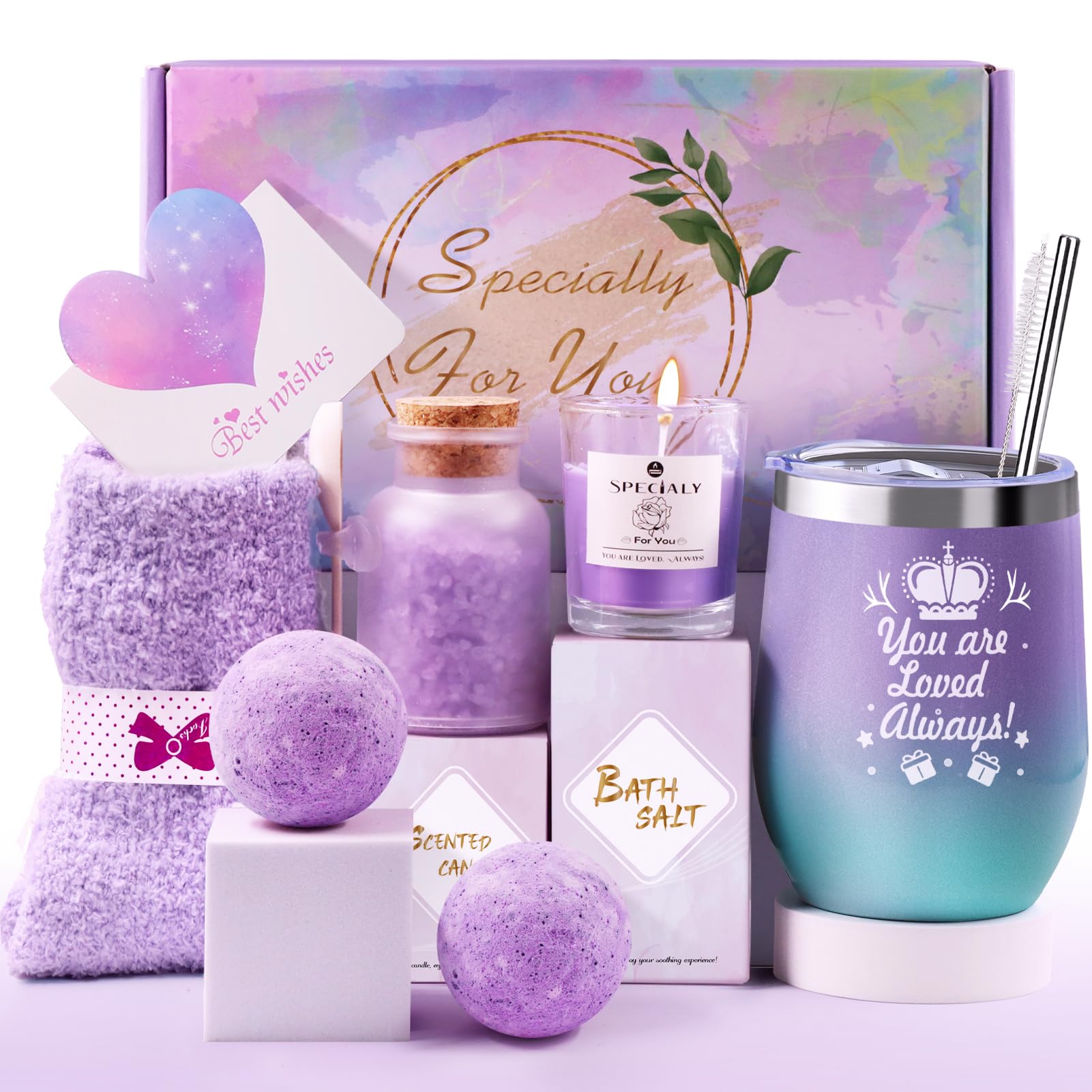TOLOYE Geschenkset Für Frauen – Mit Duftkerze, Badesalz, Augenmaske & Mehr In Geschenkbox (Lila)