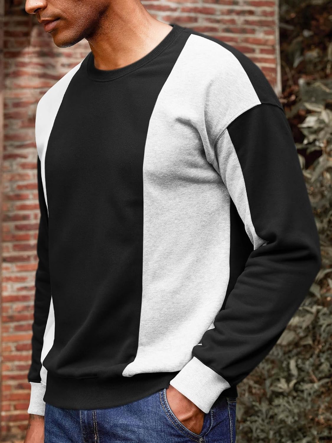 Runcati Mens Color Block Sweatshirt Pullover Crewneck Long Sleeve Fleece Casual Ribbed Patchwork Fall Tops - Image 3