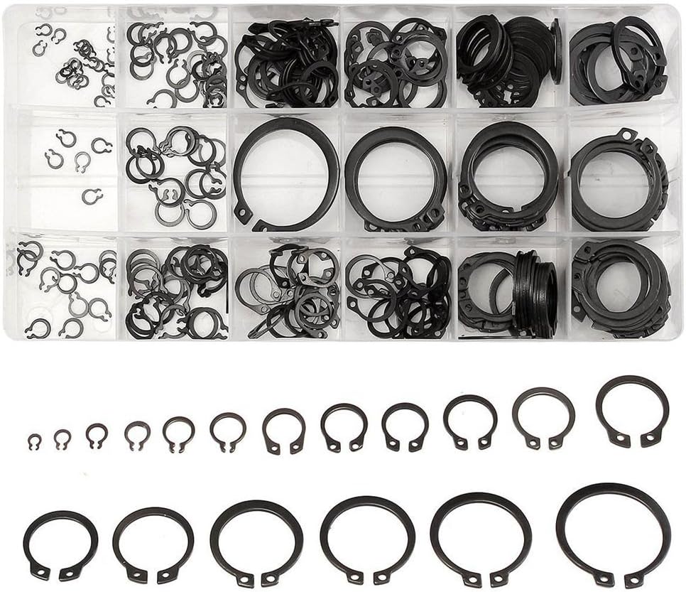 BaiFM 300 Pcs C-Clips Snap Ring Shop Assortment Black Washer Hardware Circlip Retaining Ring Set For Fasteners 18 Sizes (1/8" - 1-1/4")