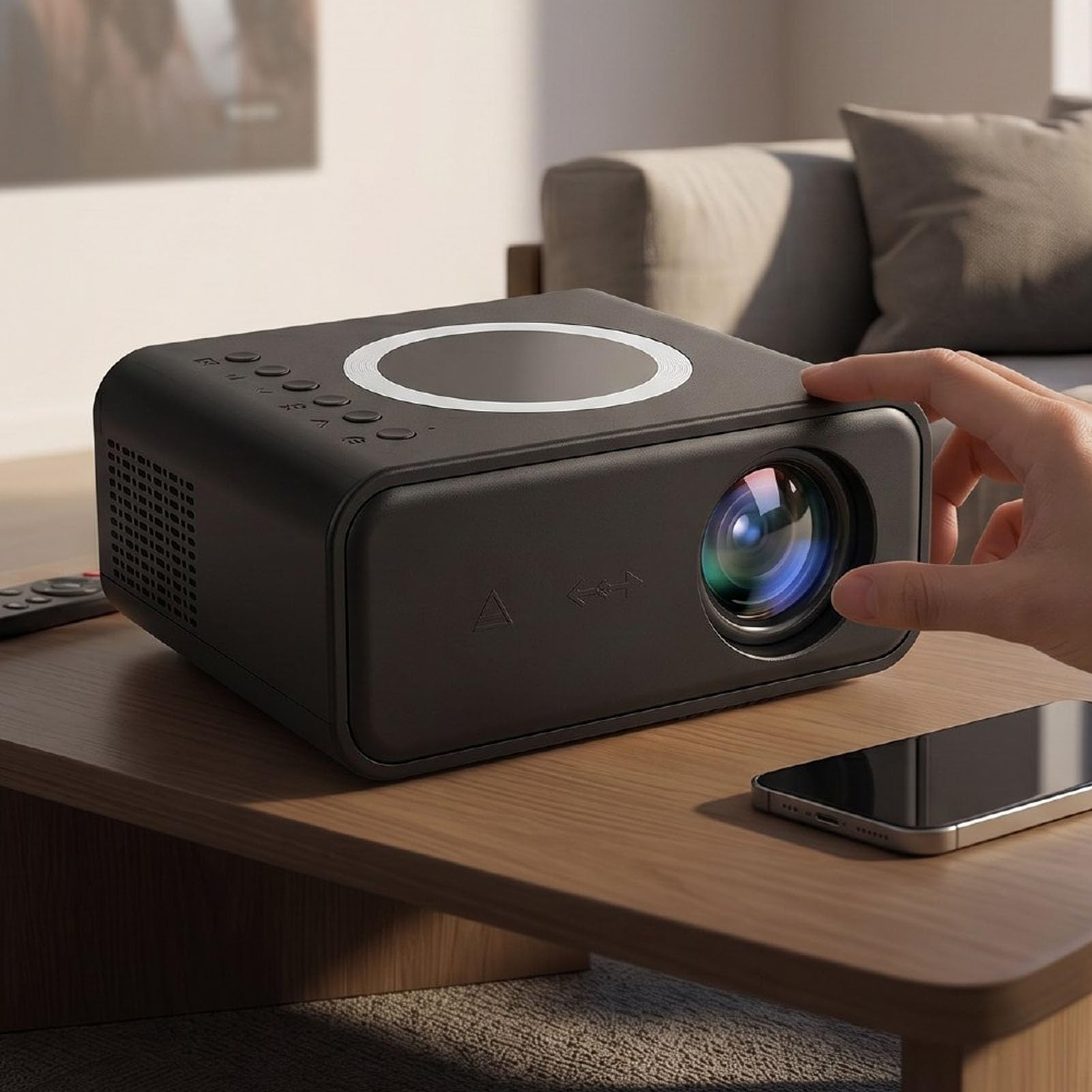 Sxhlseller Mini Proyector, 1080P WiFi 6 Bluetooth 5.0 Proyector de Cine en Casa con 15000 Flujo Luminoso 0.9:1 de Tiro Corto para Juegos de Películas en Interiores y Exteriores (Enchufe de la UE)