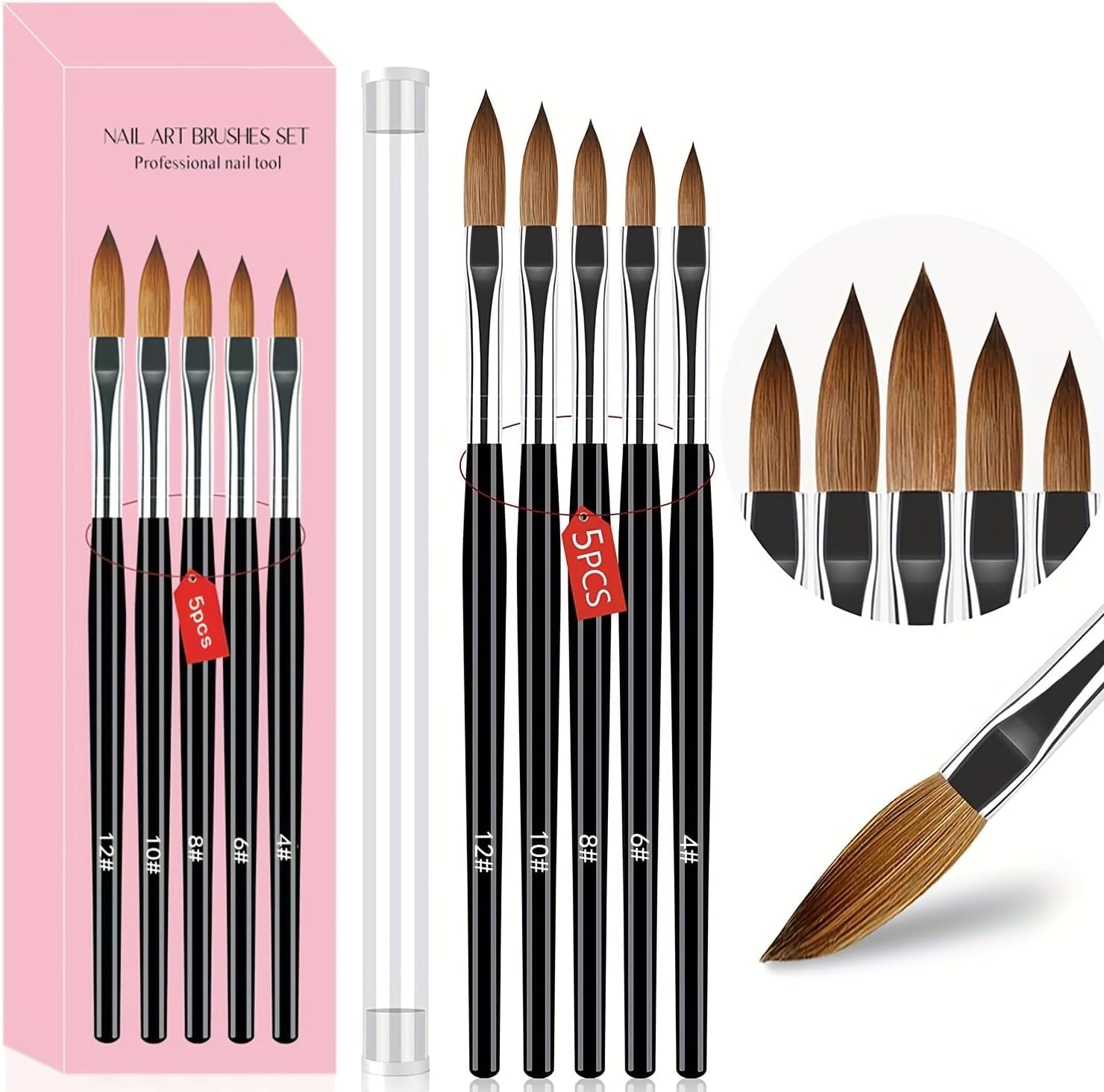 NAILWIND 5pcs Acrylic Nail Brush for Acrylic Powder, Professional Nails Art Brushes Set,Nail Brushes Size 4/6/8/10/12 for Acrylics Application Nail Extension Carving Nail Art Tool-image-40