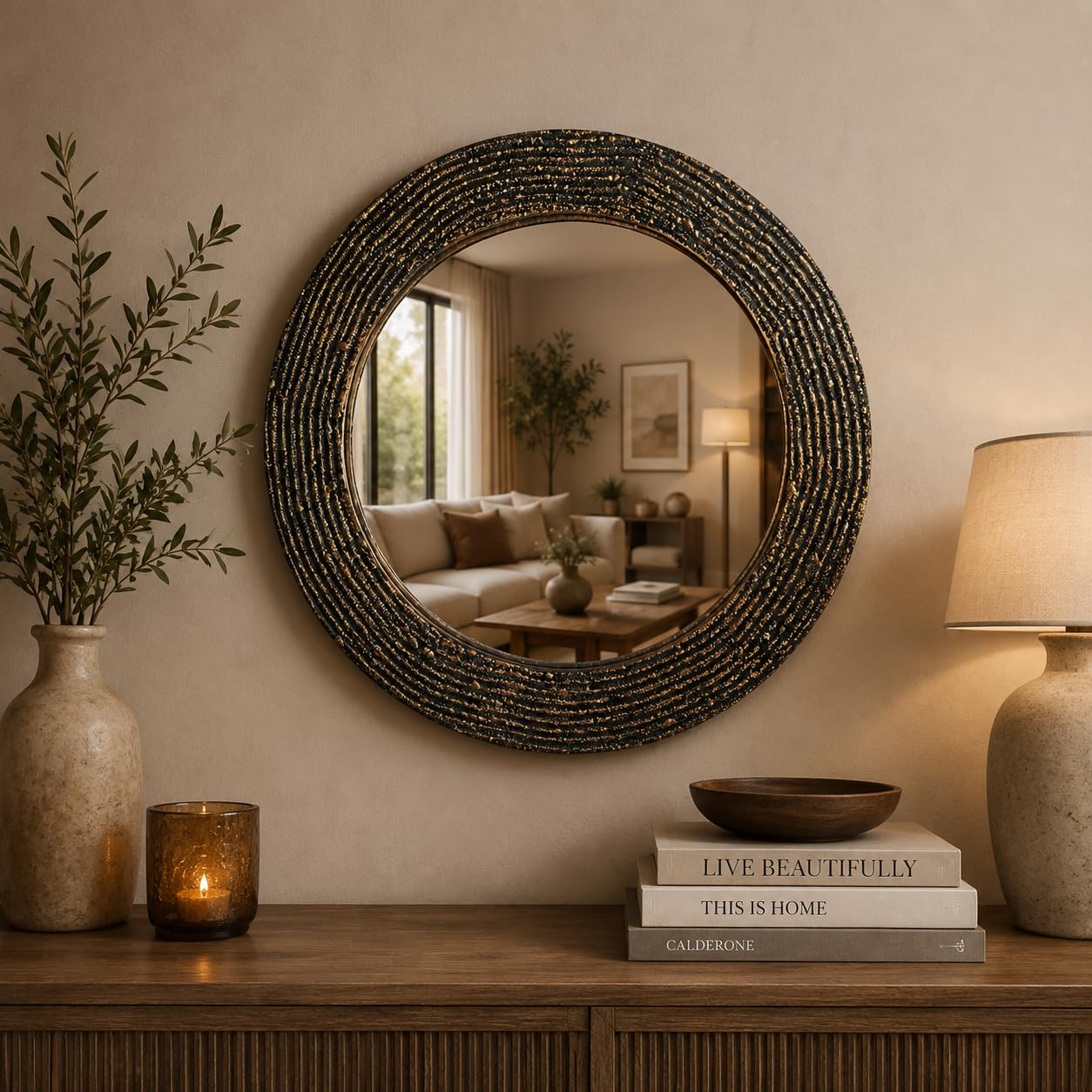 Handcrafted Round Wooden Wall Mirror with Green Sand Pop Textured Finish, Decorative Accent Mirror for Living Room, Bedroom, Hallway, Bathroom, Home Decor (Black, 18" Inches, Round)-image-43