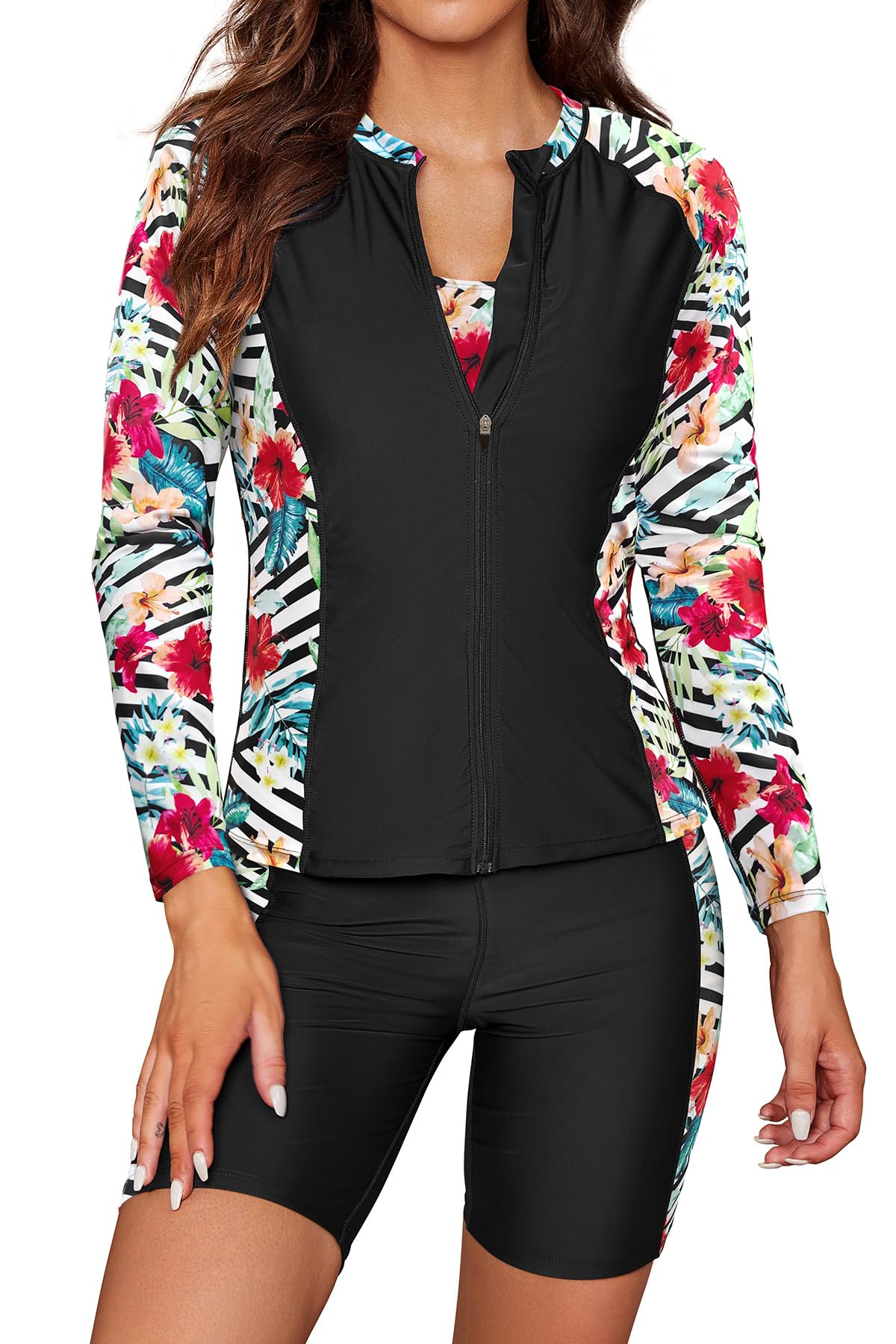 SHEKINI Conjunto de Tankini Impreso de 3 Piezas para Mujer, Manga Larga, con Cremallera, Camiseta de Surf, Parte Superior del Bikini, bañador de Seguridad, Pantalones de Ciclismo Deportivos