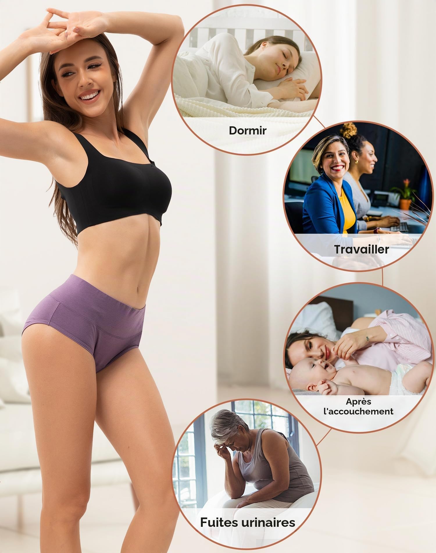 INNERSY Culotte Menstruelle Flux Abondant Coton Taille Haute 50ml Lot de 3 | Culottes Menstruelles Femme, Slip de Règle Lavable, Shorty Périodique Anti-fuite, Incontinence, Post Accouchement, Jour/Nuit