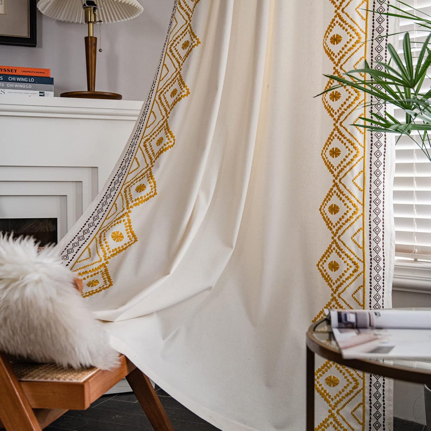 Lahome Embroidered Linen Living Room Curtains 63 Inch Length 2 Panels Set,Boho Gold Geometric Light Filtering Bedroom Drapes,Farmhouse Rod Pocket Window Treatment Home Decor