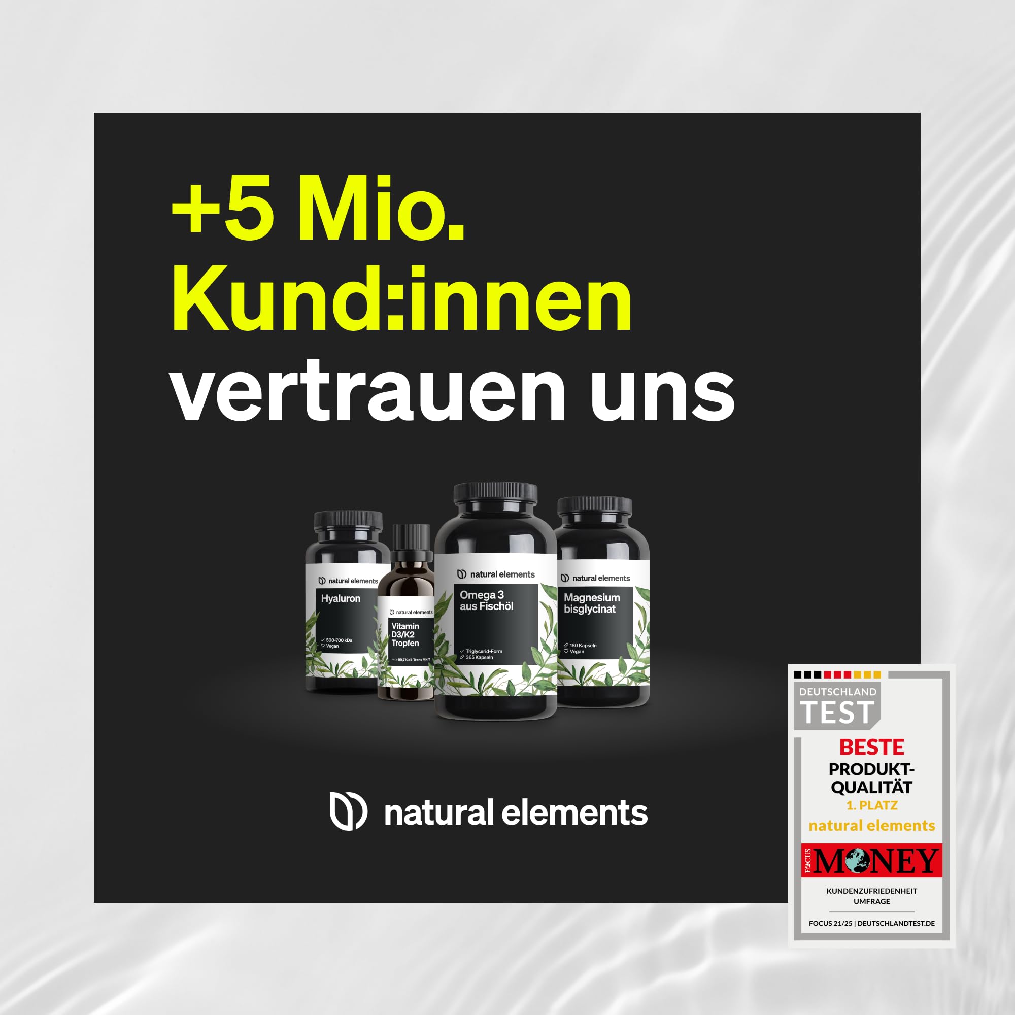 natural elements Hyaluronsäure Kollagen Komplex - 180 Kapseln - Angereichert mit Biotin, Selen, Zink, Vitamin C aus Acerola & Bambusextrakt - Laborgeprüft