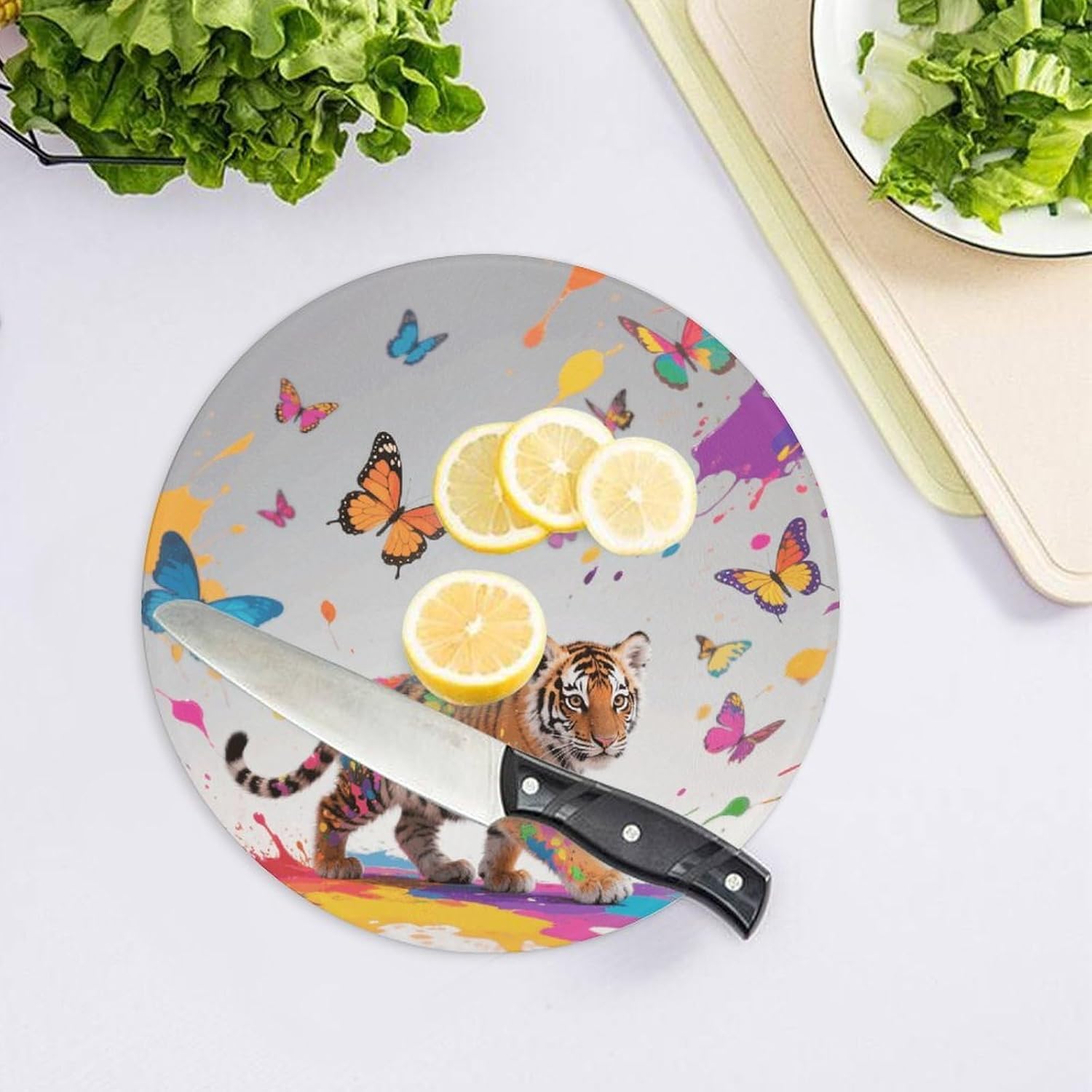 Tiger with Butterflies Tempered Glass Cutting Board Sturdy Chopping Block Personalized Large Butcher Block Lightweight Round Chopping Mat for Kitchen Non Slip