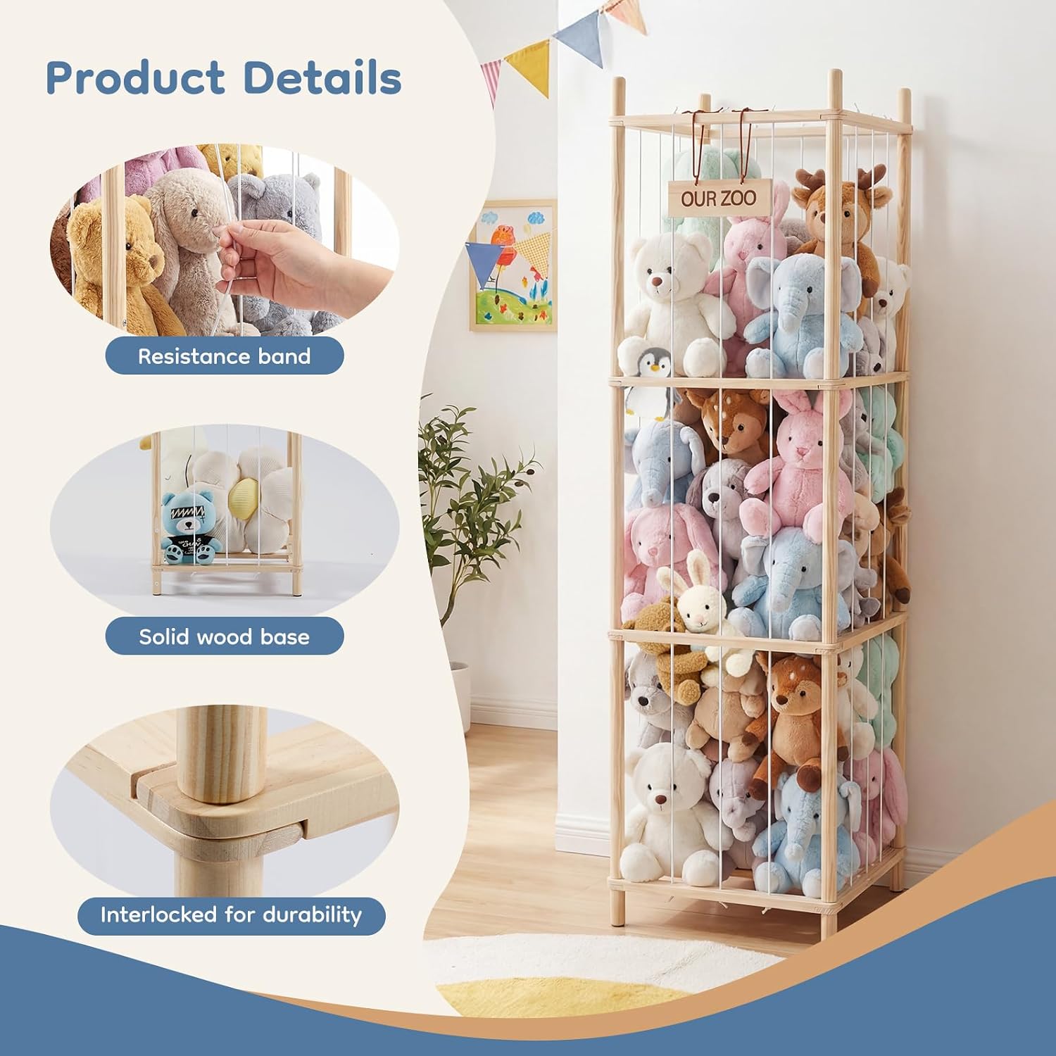 DUMOS Stuffed Animal Storage, 54In Large Stuffed Animal Holder, Plushies Storage with Solid Wood Base&Elastic Cord, Space Save Zoo Toy Organizers for Playroom Bedroom Nursery Natural Wood