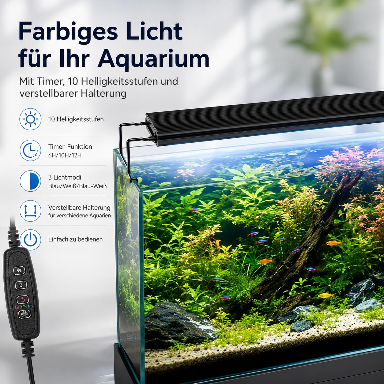 Lámpara LED para acuario de 36 W con temporizador, regulable, 10 niveles de brillo | Temporizador 6H/10H/12H y soporte de metal extensible, apto para acuarios de 87 a 110 cm