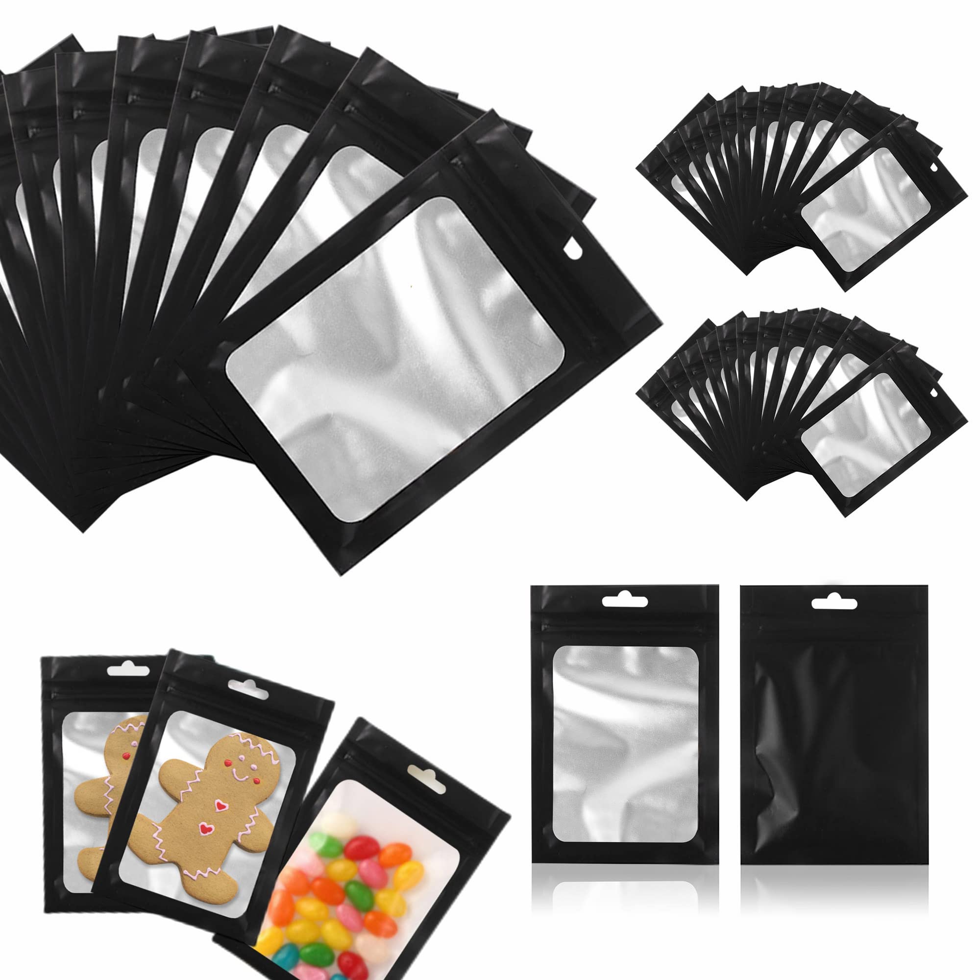 200Pcs Black Foil Ziplock Bags - 10x15cm Resealable Mylar Ziplock Foil Bags with Clear Window for Food, Candy, Snack, Jewelry, Lash, Lip Gloss Storage