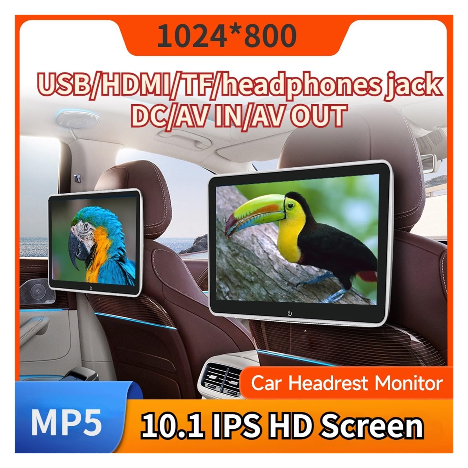 Monitor For Reposacabezas De Coche con Pantalla Táctil Digital 10,1 Pulgadas, Reproductor MP5, FM, HD, USB, Multimedia FáCil Instalación para Viajes(10.1 Inch MP5-101 2P)