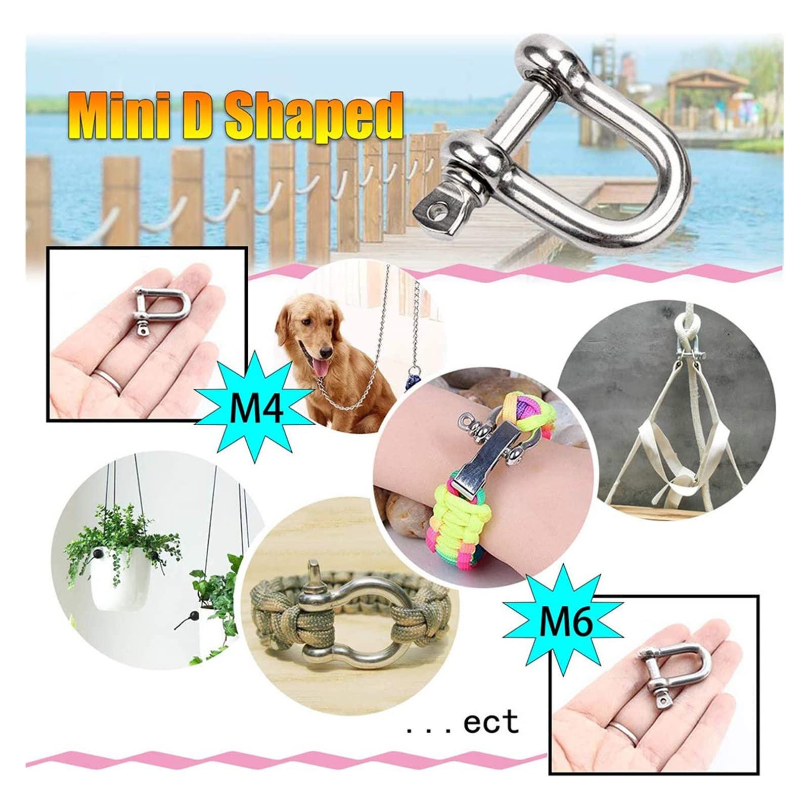 grilletes pequeños, Grillete de acero inoxidable, grillete pequeño, 4 piezas de 5/16 pulgadas, 8 mm, pasador de tornillo, grillete de anclaje, clip de carga de arco resistente de acero inoxidable for