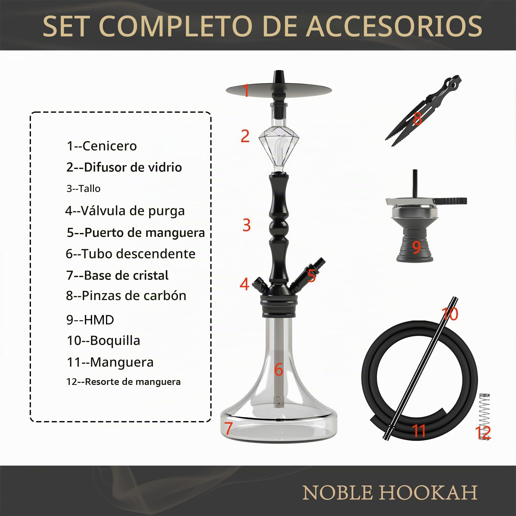 NOBLE HOOKAH XL Set de Shisha con 1 conexión y accesorios completos para Cachimba: Cabezal de Shisha, Elegante jarrón de vidrio, Recipiente para recoger melaza, 1 manguera y asa (Negro)