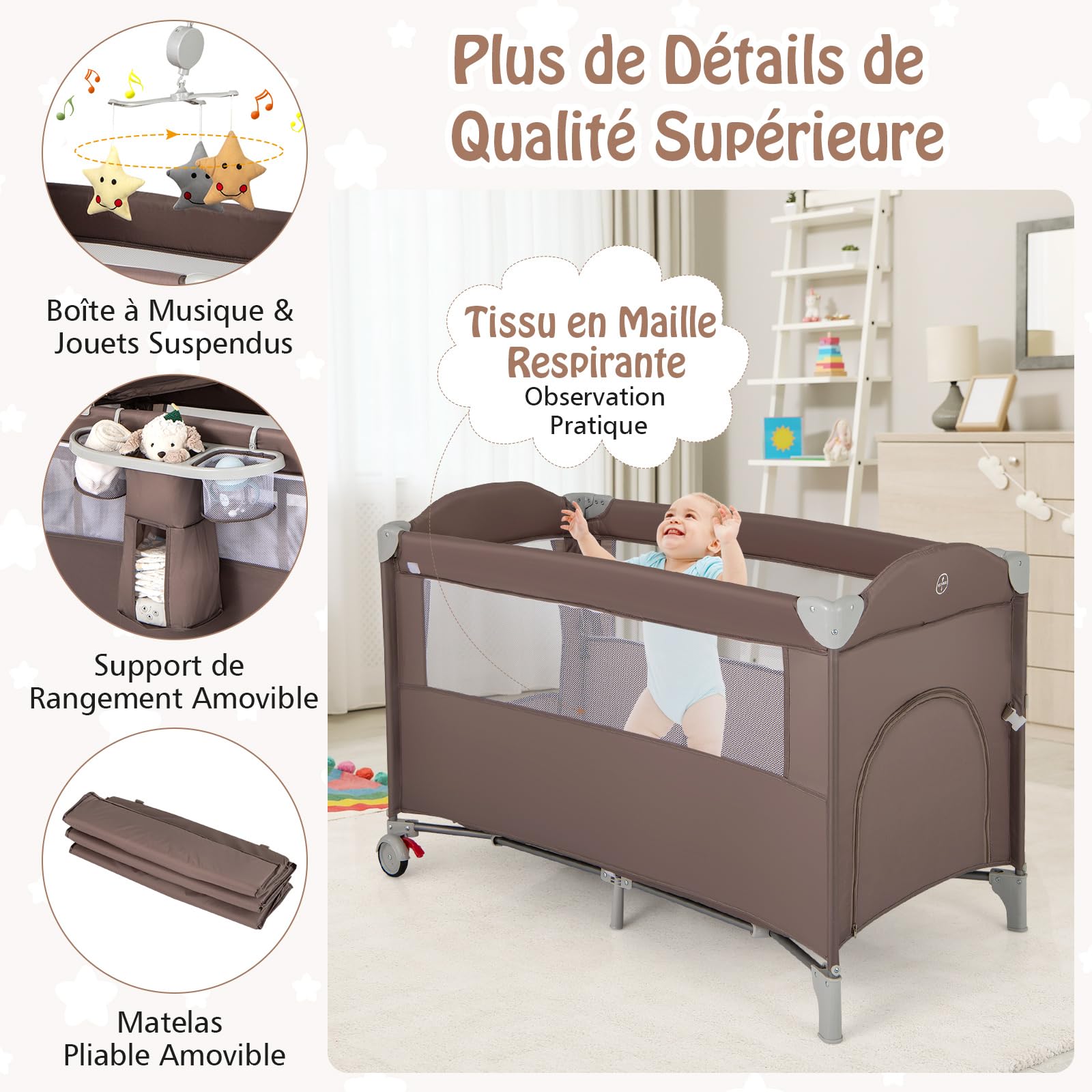 DREAMADE Lit Parapluie Bébé avec Matelas,5 en 1 Lit Cododo 125x65x76CM Tout-Petites 0-3 Ans avec Porte-Couches,Roues Verrouillables,Musique,Jouets Suspendus,Table à Langer,Sac de Transport (Marron)