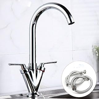 Kitchen Mixer Tap Traditional with Swivel Spout Monobloc Basin Taps Twin Lever Hot & Cold Water Control + Free Hoses