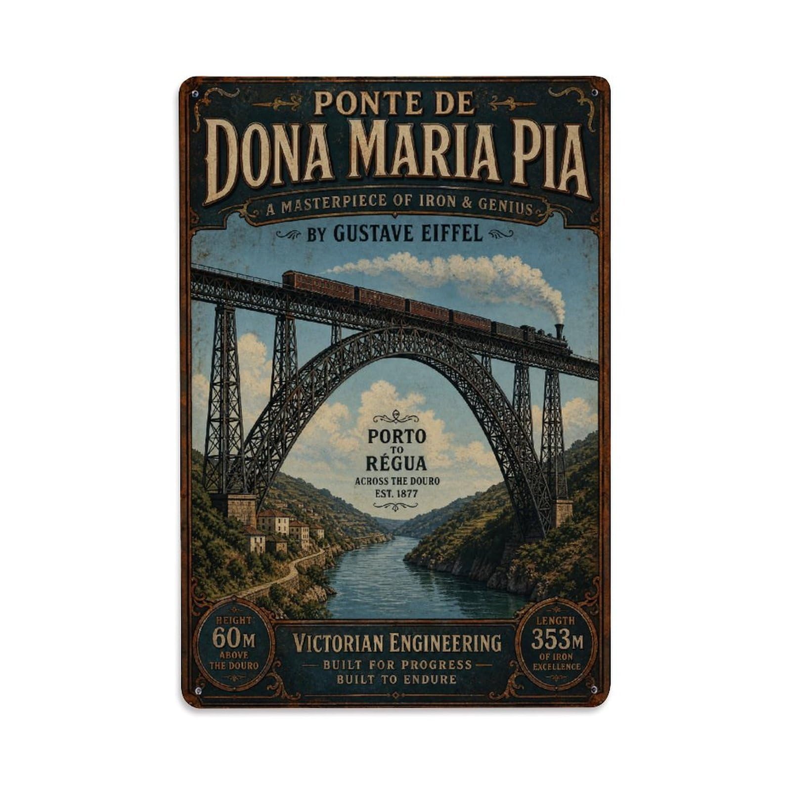Yrnq 08X12inch Vintage Style Vintage Ponte Dona Maria Bridge Railway Crossing Portugal Metal Tin Sign