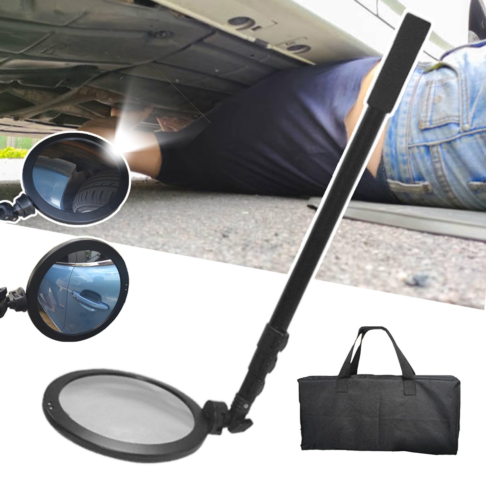 Espejo de inspección para reparación de Bajos de vehículos, Iluminado, telescópico (52-160 cm), rotación de 360°, Ligero (0,5 kg), Aumento de 2 aumentos, para techos y Bajos de vehículos.