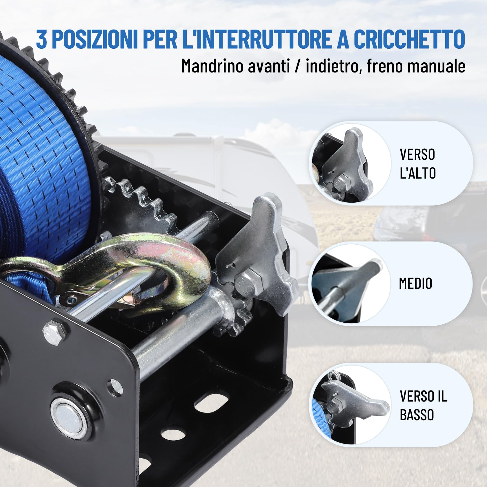 Pindex Verricello Manuale con Cinghia 10 M, Argano a Mano 1000 Kg con Cinghia, Verricello per Barca, Verricello a Mano con Blocco di Ritorno per Officina, Garage, Rimorchi, Dinghi, Legno