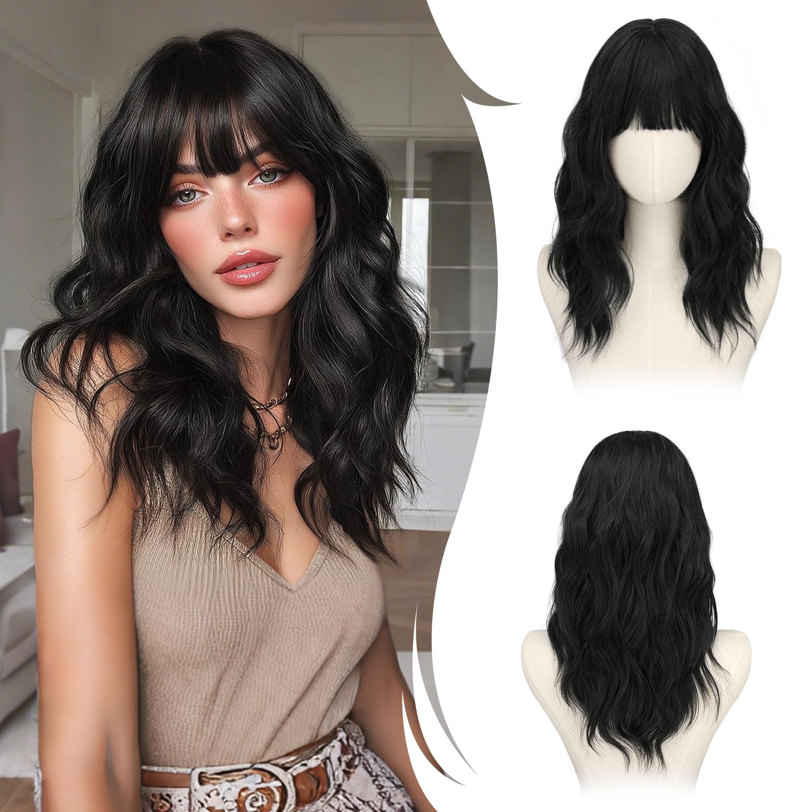 RUWISS Peluca Verde Apagado Ondulada con Flequillo para Mujer, 50 cm Shoulderlongitud Peluca de pelo Sintético en Capas Pelucas con Volumen Natural para Diario y Fiesta — view 18