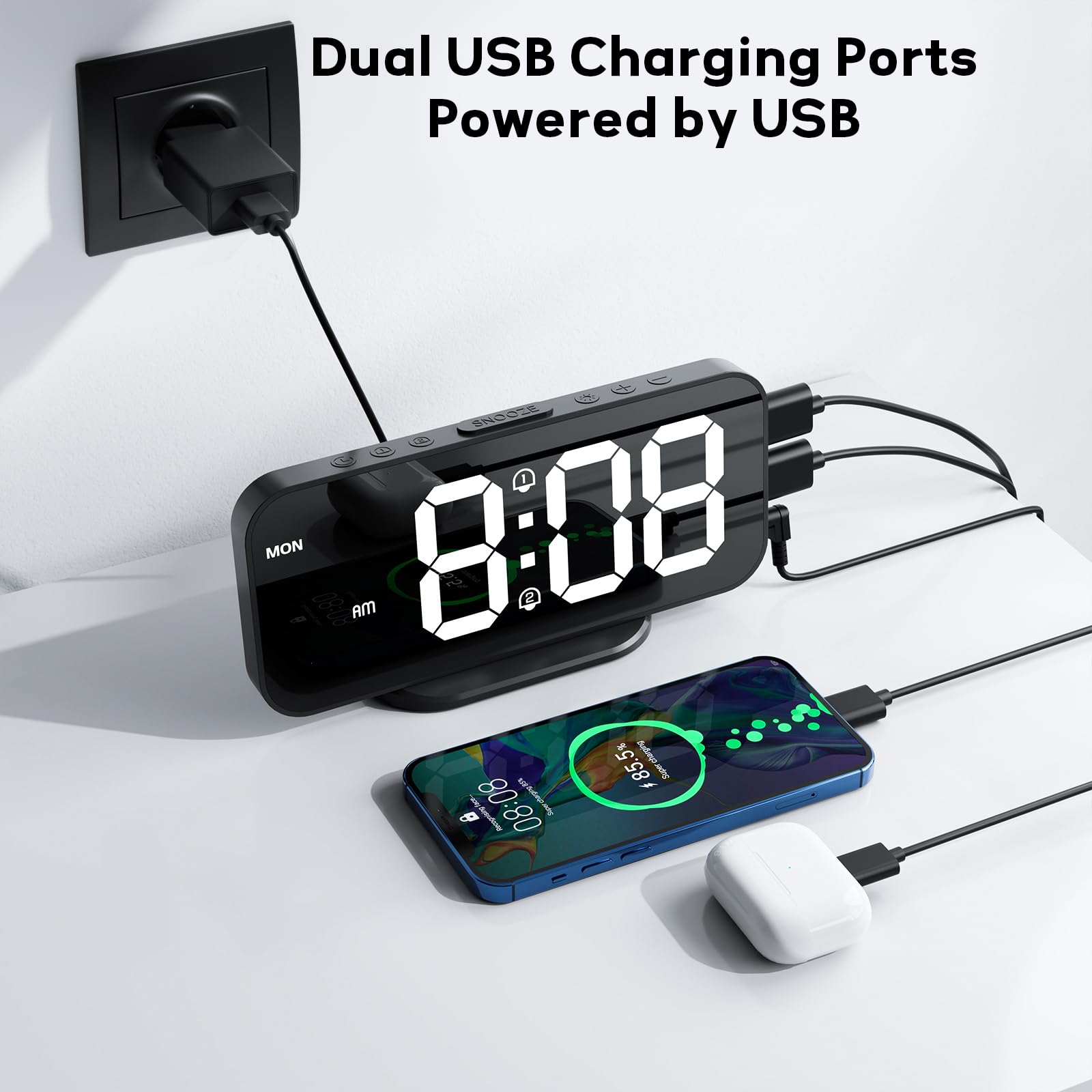 Sveglia Digitale da Comodino a LED,Sveglia da Comodino con Funzione Snooze,Orologio Digitale con Doppio Programma di allarme,12/24H,2 Porte di Ricarica USB