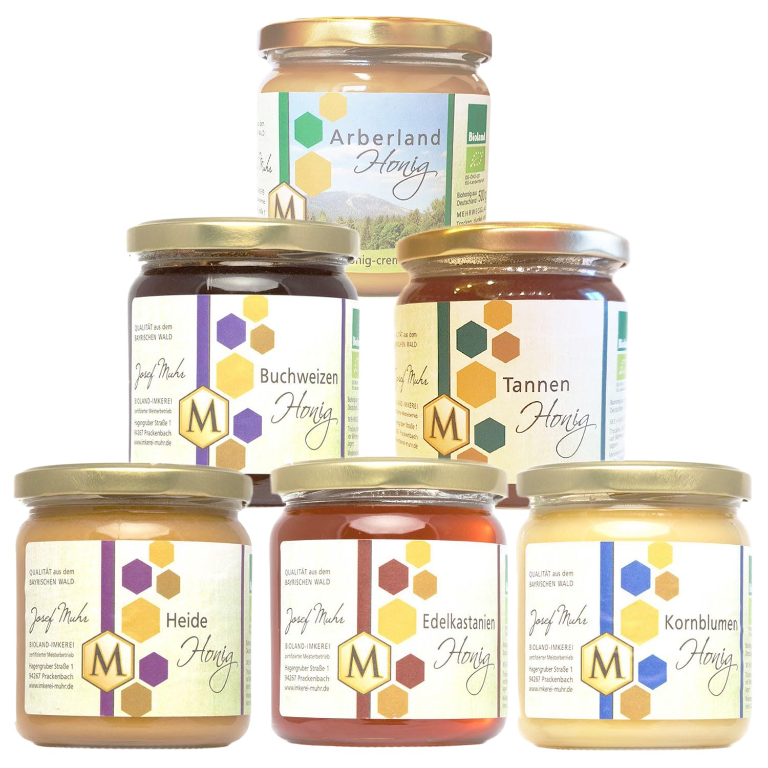 Josef Muhr Bioland Honig 6x500 g - Unsere Besonderen Bio Honige Arberland, Kornblumen, Edelkastanien, Buchweizen, Heide, Tannen - Deutscher Honig, naturbelassen - Geschenkset im Glas