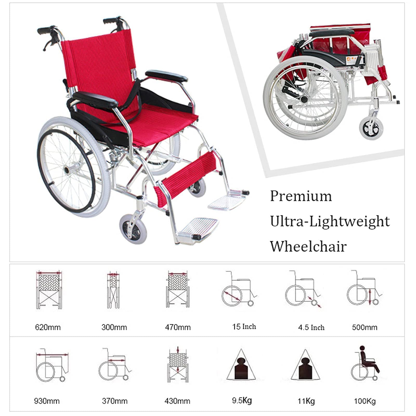 Sillas de Ruedas Plegables Silla de Ruedas Manual, Ultraligera Silla de Ruedas de Aleación de Aluminio