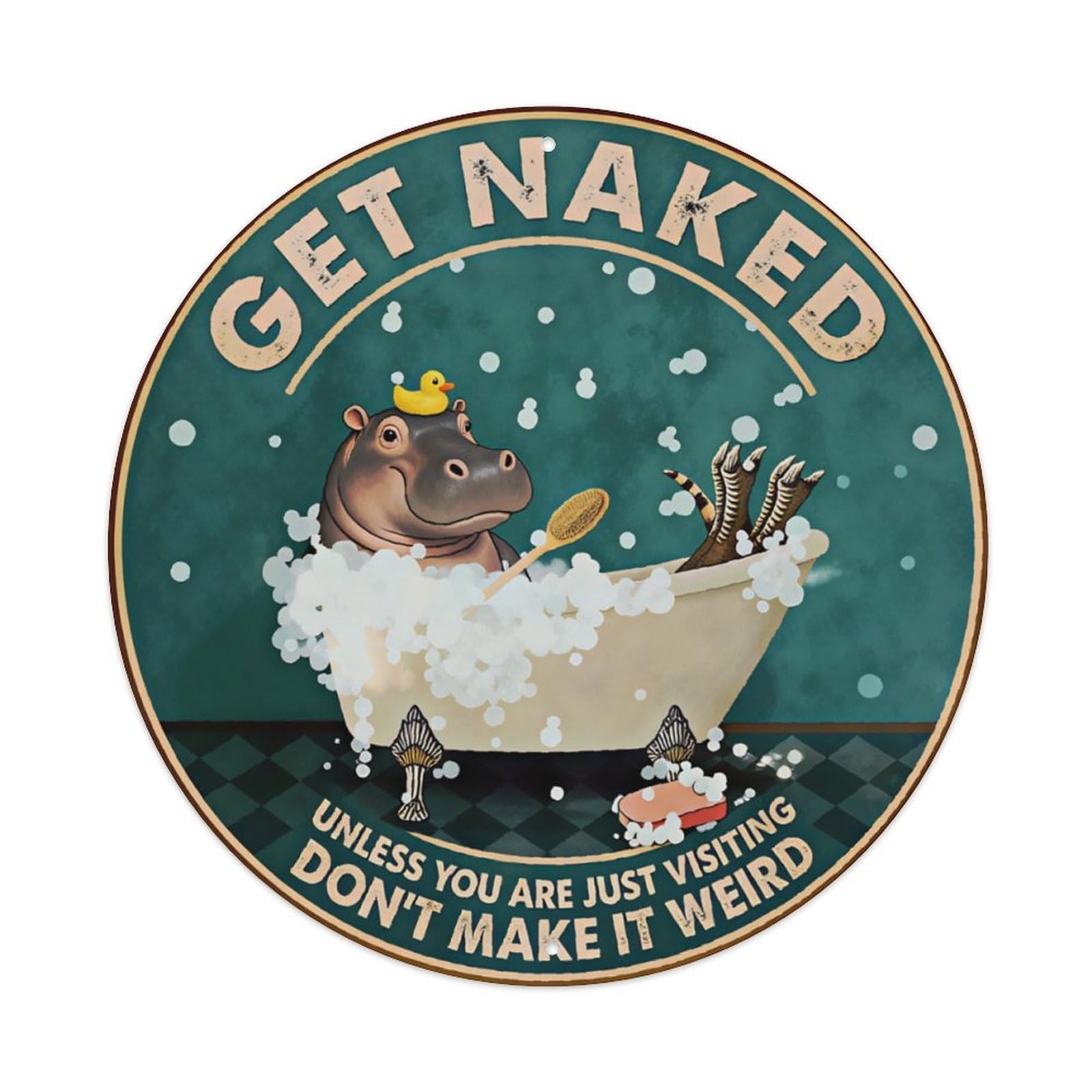 Funny Hippo Bathroom Decor Sign (Get Naked) Vintage Aluminium Metal Sign, Retro Wall Decor for Home, Bar, Garage & Farmhouse 20x20cm