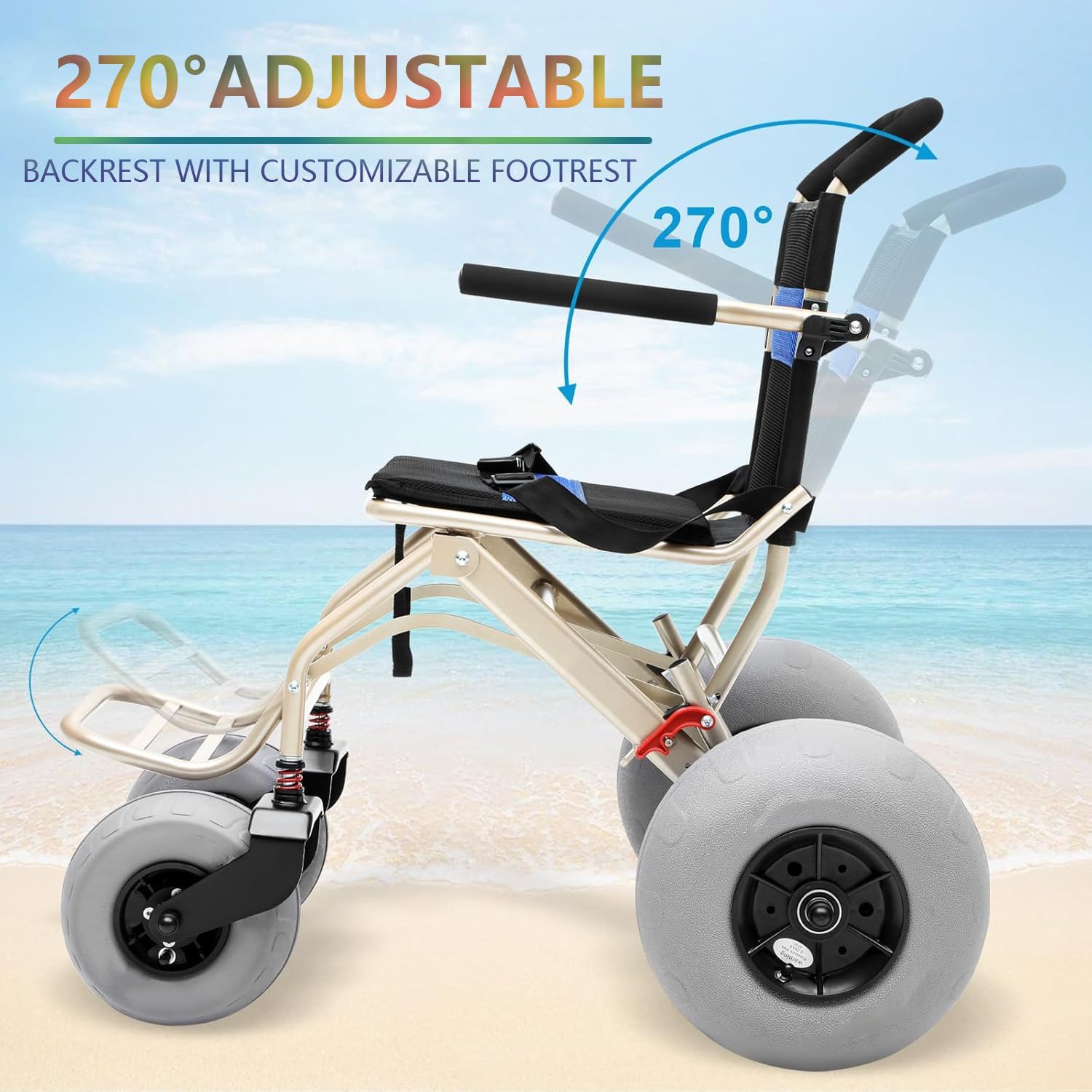 Silla de Ruedas de Playa Todo Terreno Silla de Ruedas Ligera para Playa con Neumáticos de Globo de 12'' y 9'' Diseño Plegable Ruedas de Liberación Rápida