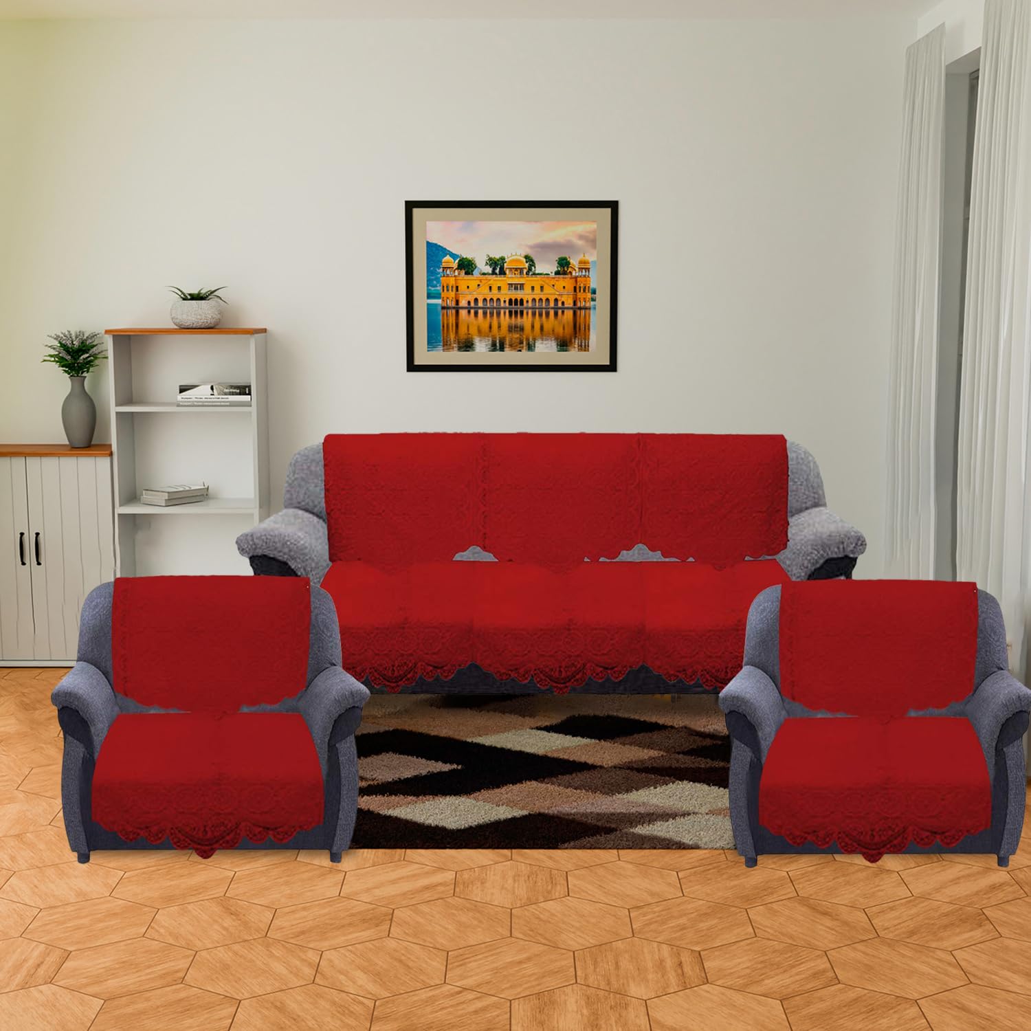 Kuber IndustriesCotton Sofa Cover 3 Seater and 2 Seater|Universal Sofa Slipcover Protector|Circle Design & Machine Washable (Maroon)