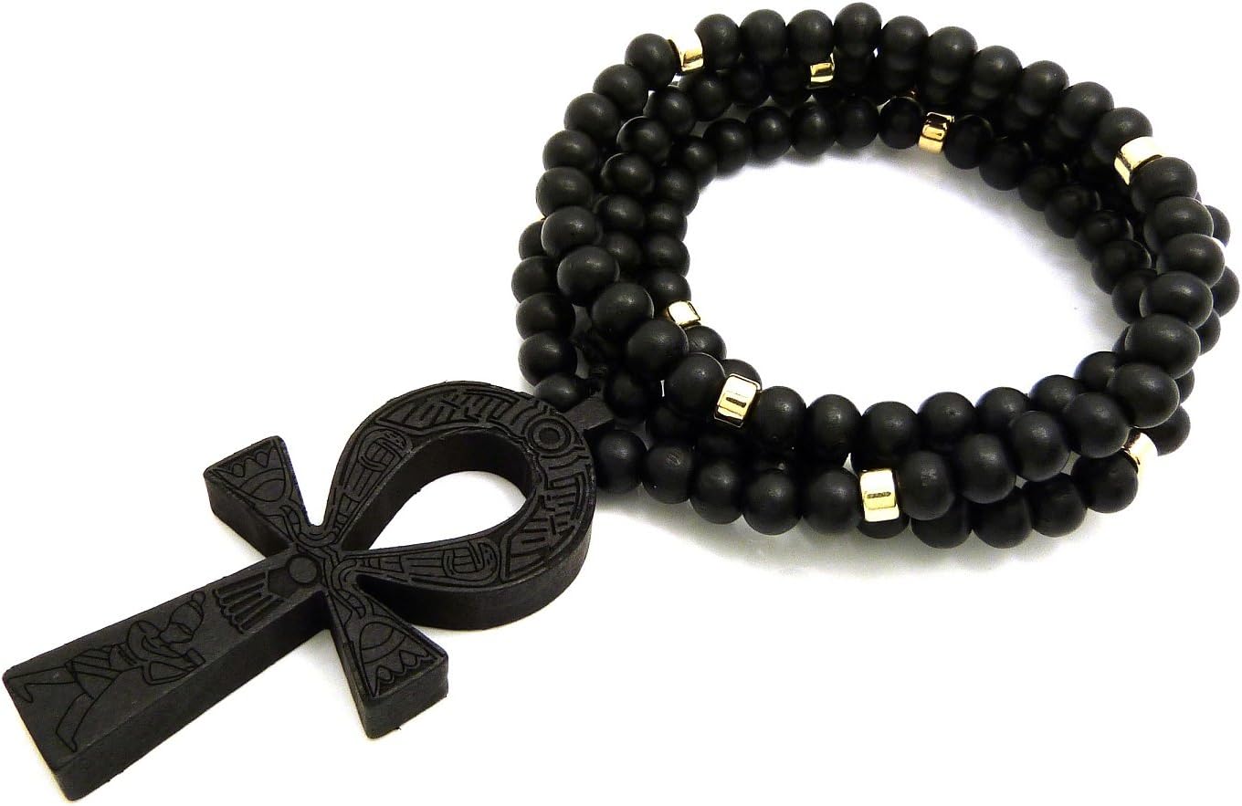 Fashion 21 Egypt Key of Life Ankh Pendant 8mm 36" Wooden Bead Necklace in Black, Brown Tone (Black/Black+Gold Wooden Bead)