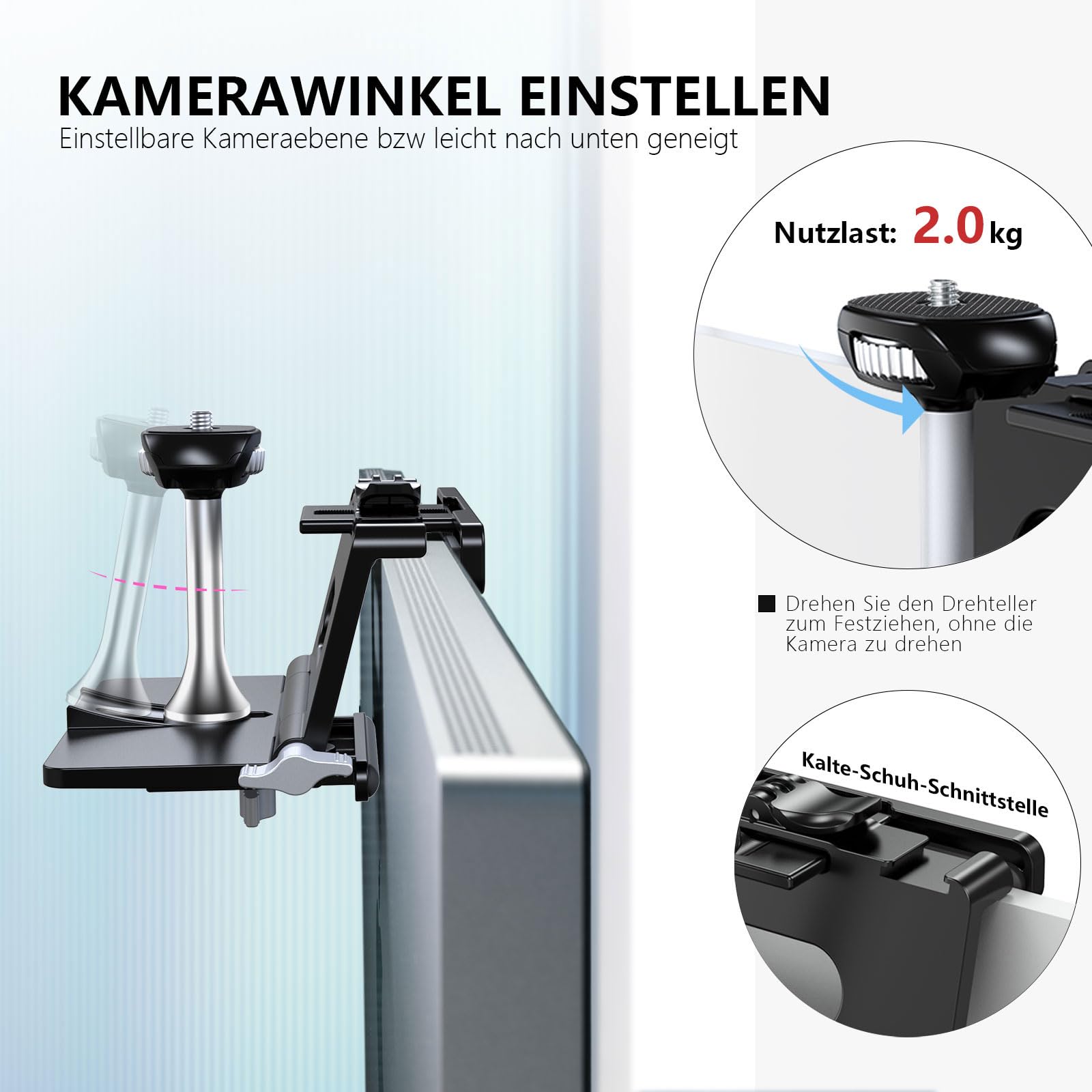 RAUBAY Monitor-Kamera-Halterungsständer, hängende Webcam-Klemme mit 1/4-Zoll-Schraube, MILC-Monitor-Oberseite für Live-Stream. Kompatibel mit gebogenen Monitoren, maximale Breite bis zu 3,5 cm