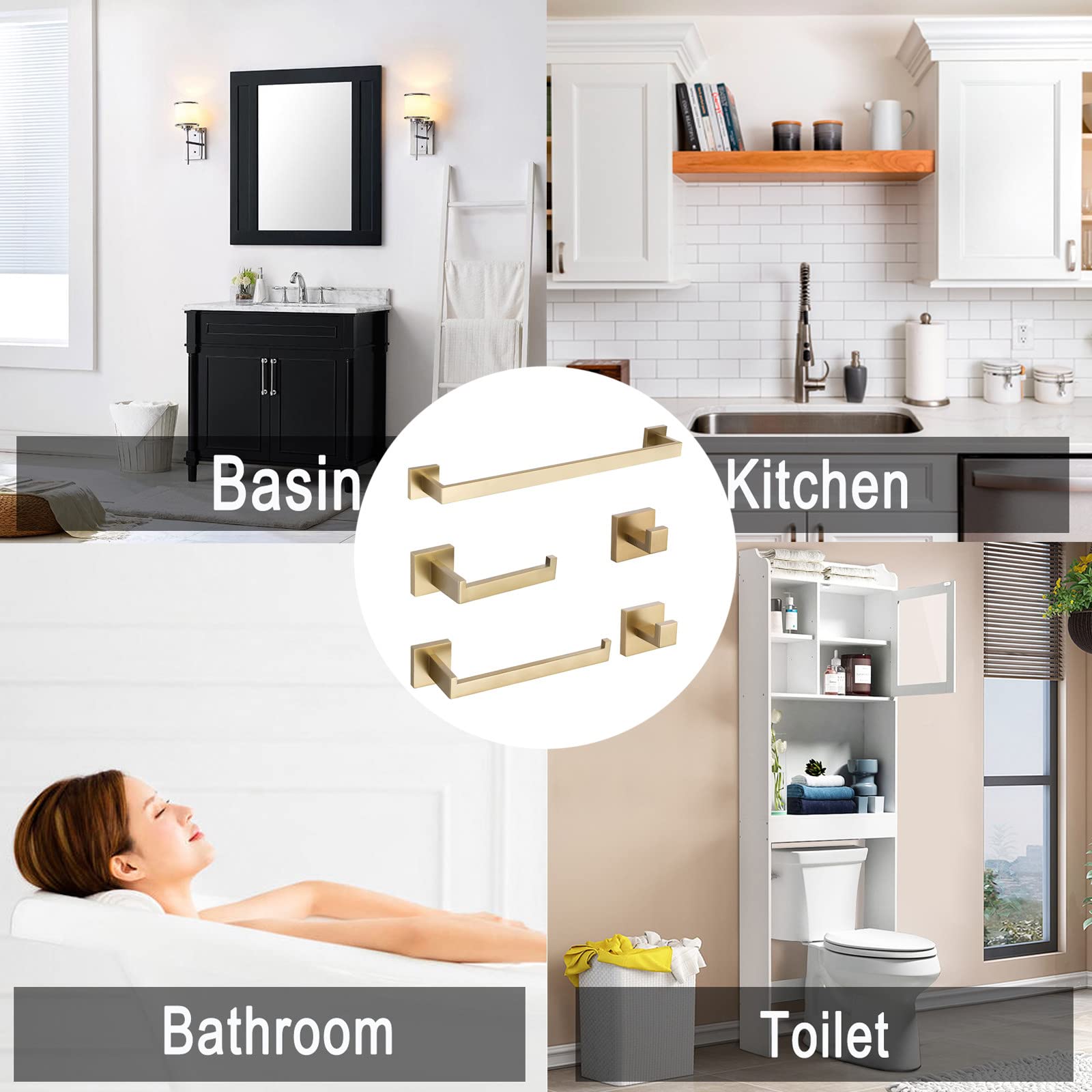 Conjunto Toalleros de Baño, Toallero Acero Inoxidable Toallero Pared Oro Cepillado Conjunto Accesorios Baño Soporte Toallas Baño Antióxido Toallero Ducha, Fácil de Instalar