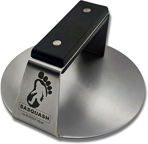 The Sasquash - 6" Heavy Duty Extra Wide Flat Handle Smashed Burger Press - Commercial Grade Welded Stainless Steel Burger Smasher (6 Inch 'Indestructo' Press)