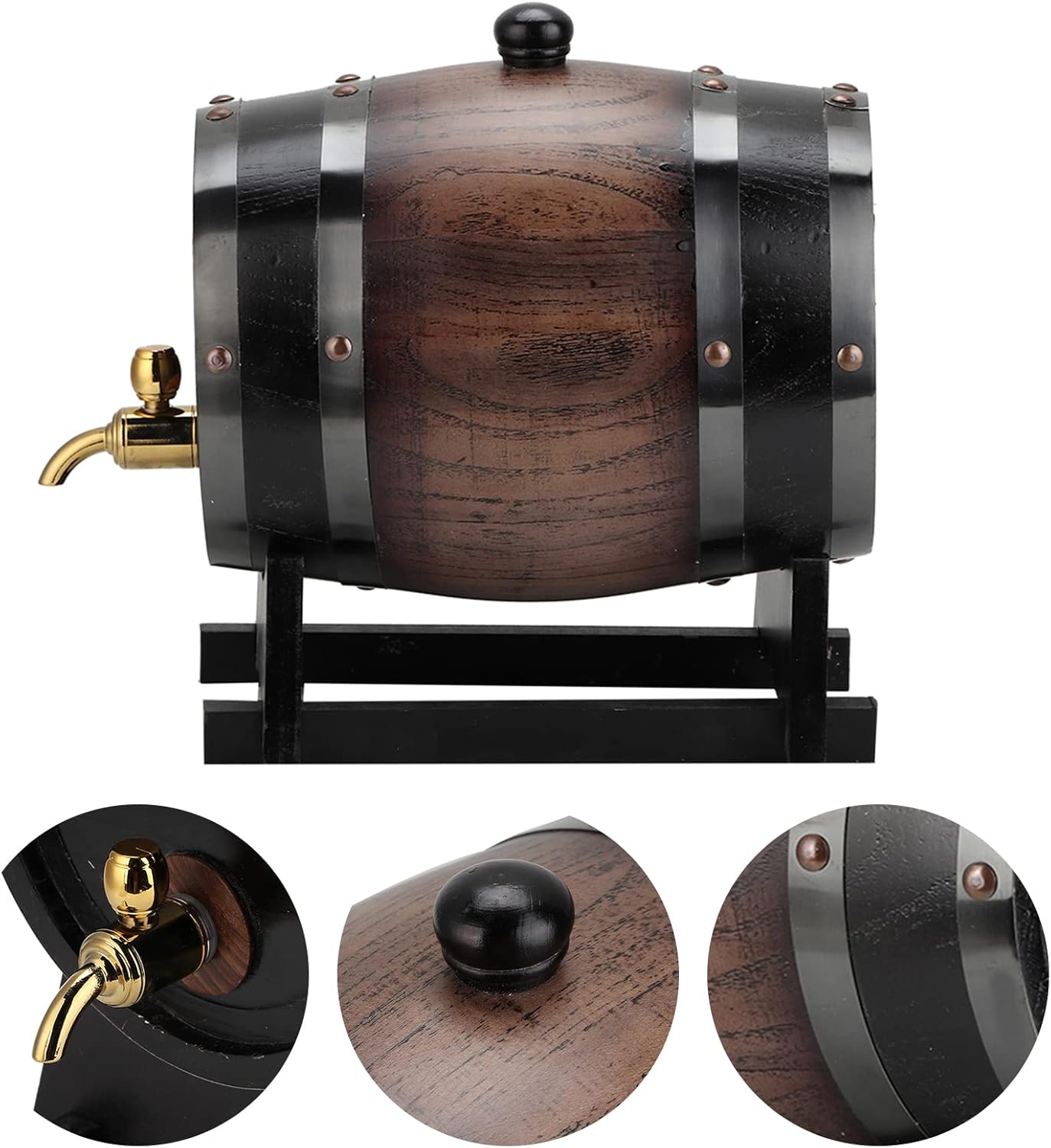 Vintage 3L Oak Red Wine Barrel with Faucet, Black Stripe Wooden Container for Whisky, Brandy, and More