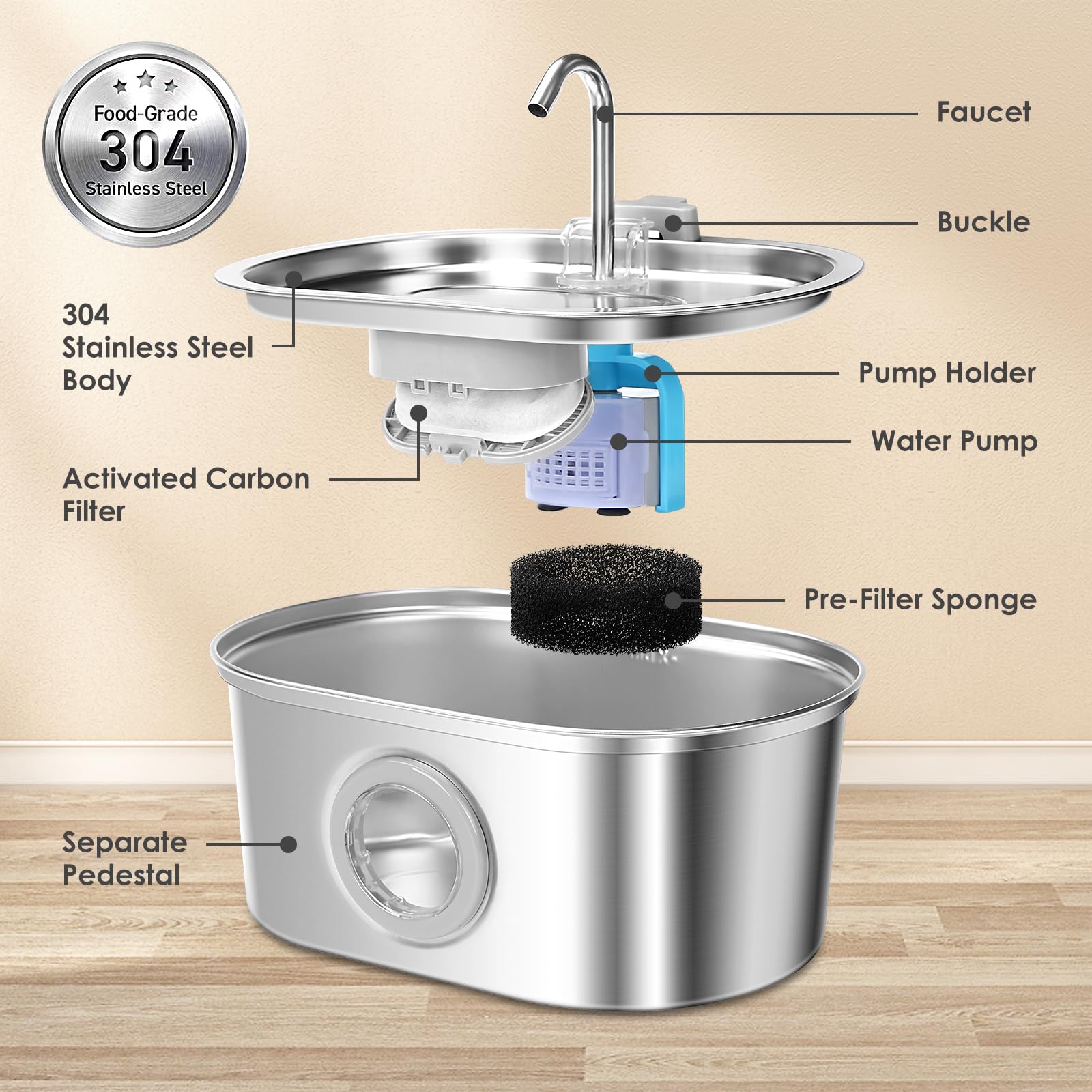 Fuente de agua para animales activados para ganado, fuente de agua para gatos, fuente de agua para mascotas, 3.2 L/3,061.7 g, acero inoxidable, dispensador de agua para perros