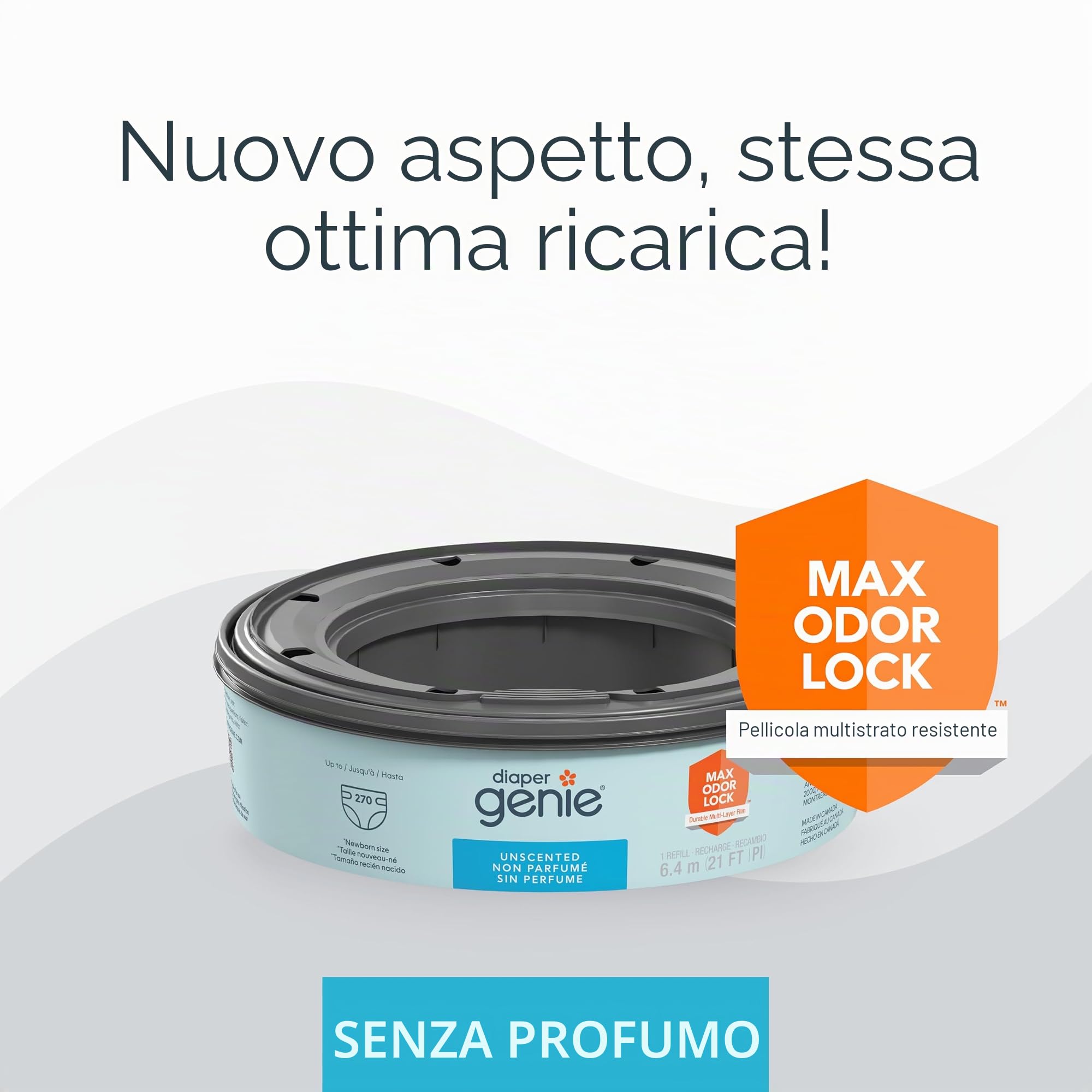 Diaper Genie - Sacchetti di ricarica per mangiapannolini, 270 pezzi (confezione da 8) con tecnologia Max Odor Lock, contengono fino a 2160 pannolini per neonati
