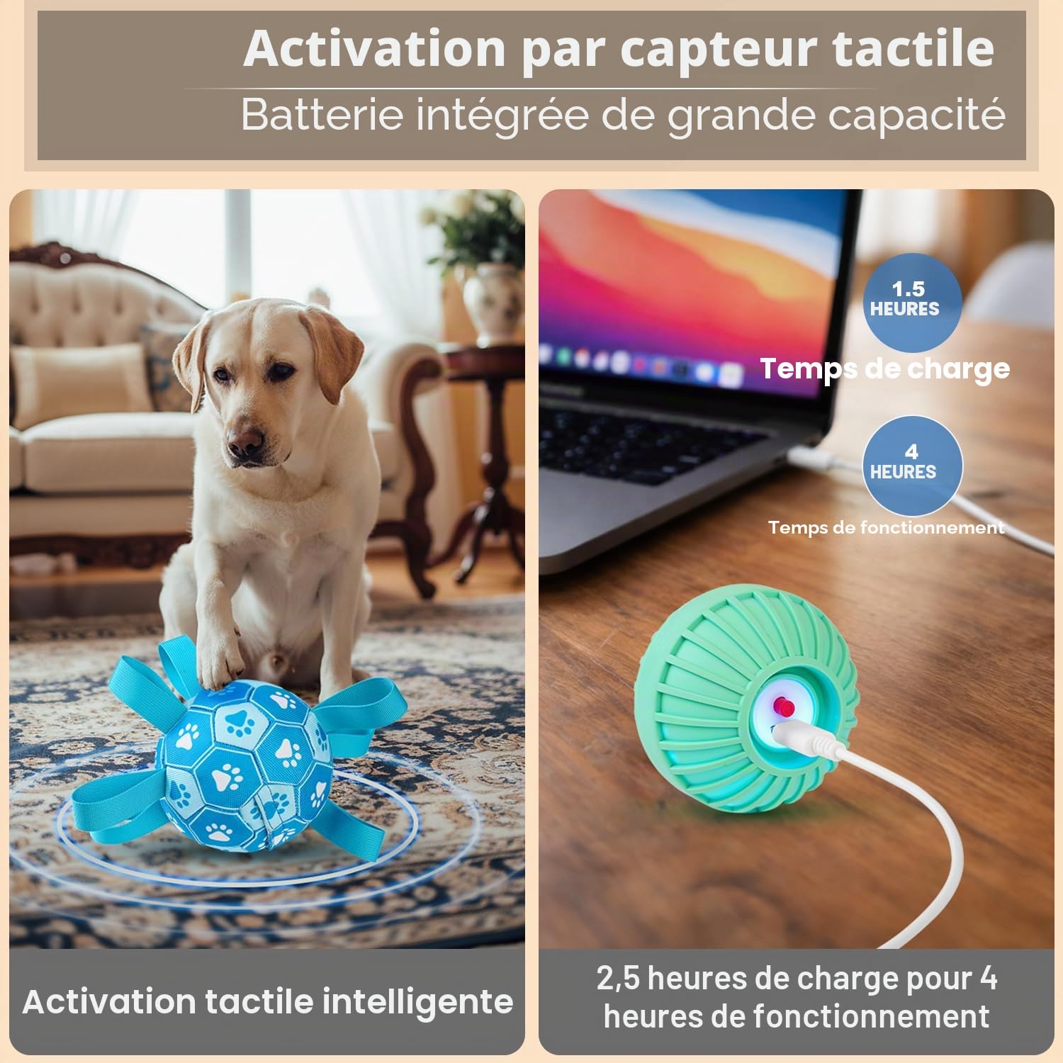 Jouets interactifs pour chiens, Ballon de foot pour chien pour le garder occupé, Ballons pour chiens durables, automatiquement mobiles et sauteurs avec sangles pour chiens petits/moyens/grands