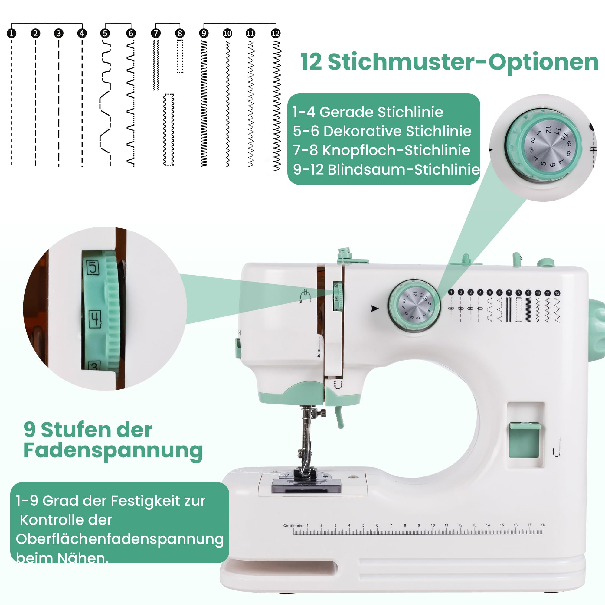 Nähmaschine Kompakt Multifunktion 12 Stichprogramme 2 Geschwindigkeiten Doppelstich mit Fußpedal und Knopfsteuerung Anfänger und Profis LED Beleuchtung Tragbar für DIY Kleidung (Grün)