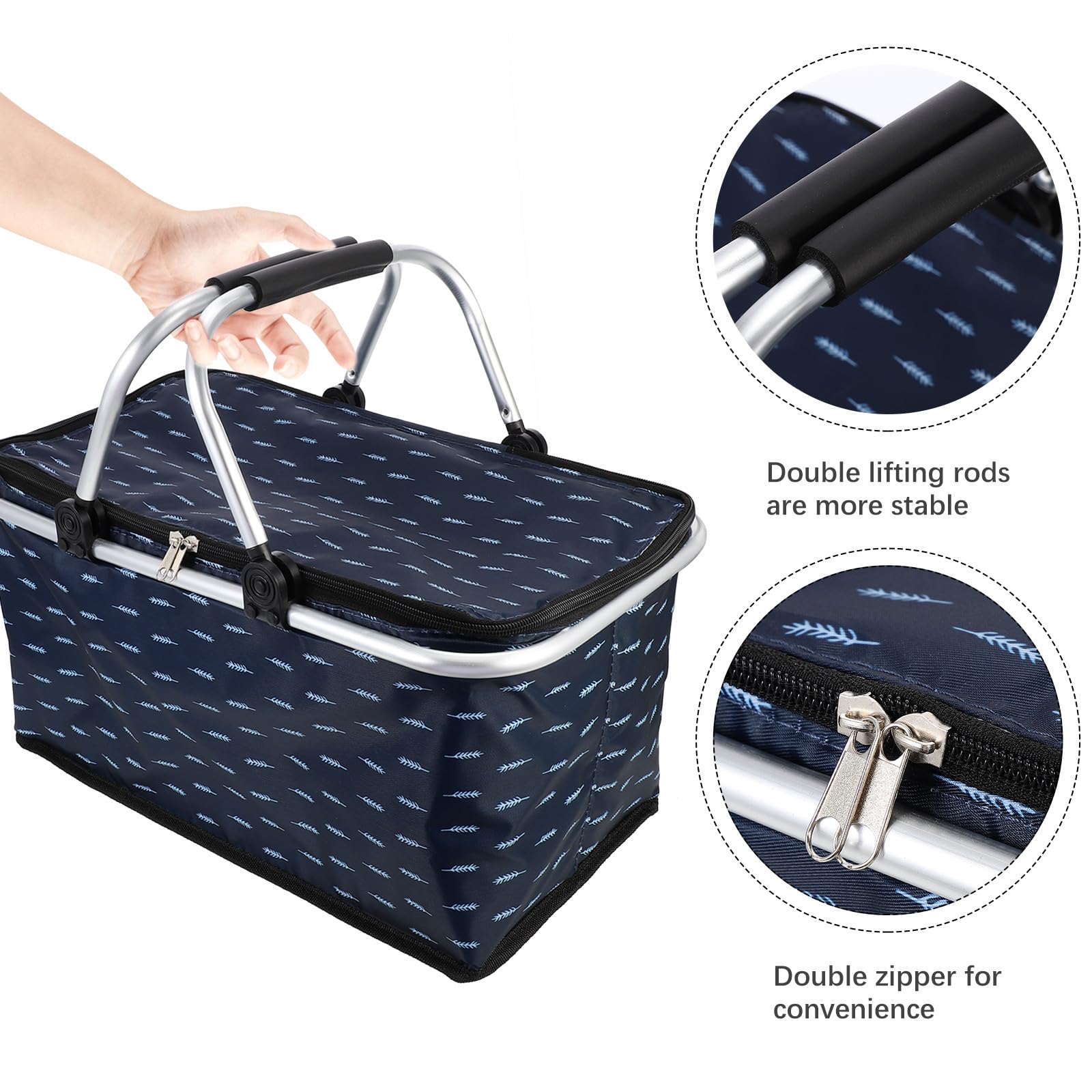 FOMIYES Paquet Isotherme 30l Portable pour Repas à Emporter, Grand Paquet de Pique-niques Bleu Motif Plume, Maintien Chaud Frais, Glaciere Souple pour Livraison et Usage Extérieur