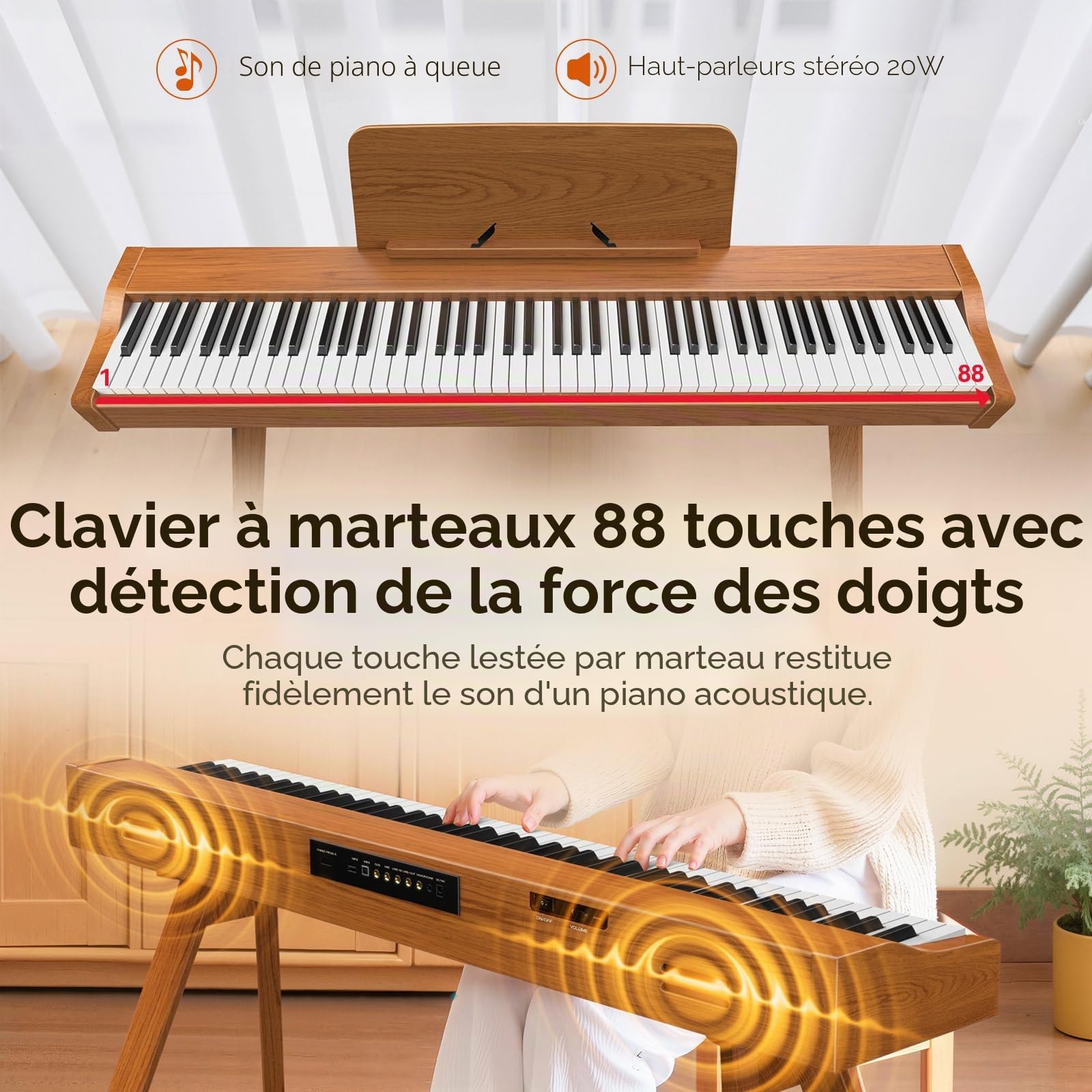 TERENCE P37 Piano Électrique 88 Touches Mécanique de Marteau Piano Numérique Professionnel Piano Numérique à Mécanisme de Marteau 88 Touches Haut-parleur 20W avec Trois Pédales et Support USB-MIDI et