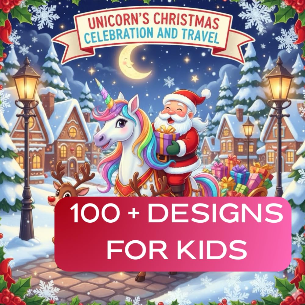UNICORN CHRISTMAS CELEBRATION COLORING BOOK FOR KIDS: 100 + DESIGNS FOR RELAXATION WITH FUN ENTERTAINMENT AND TO ENJOY