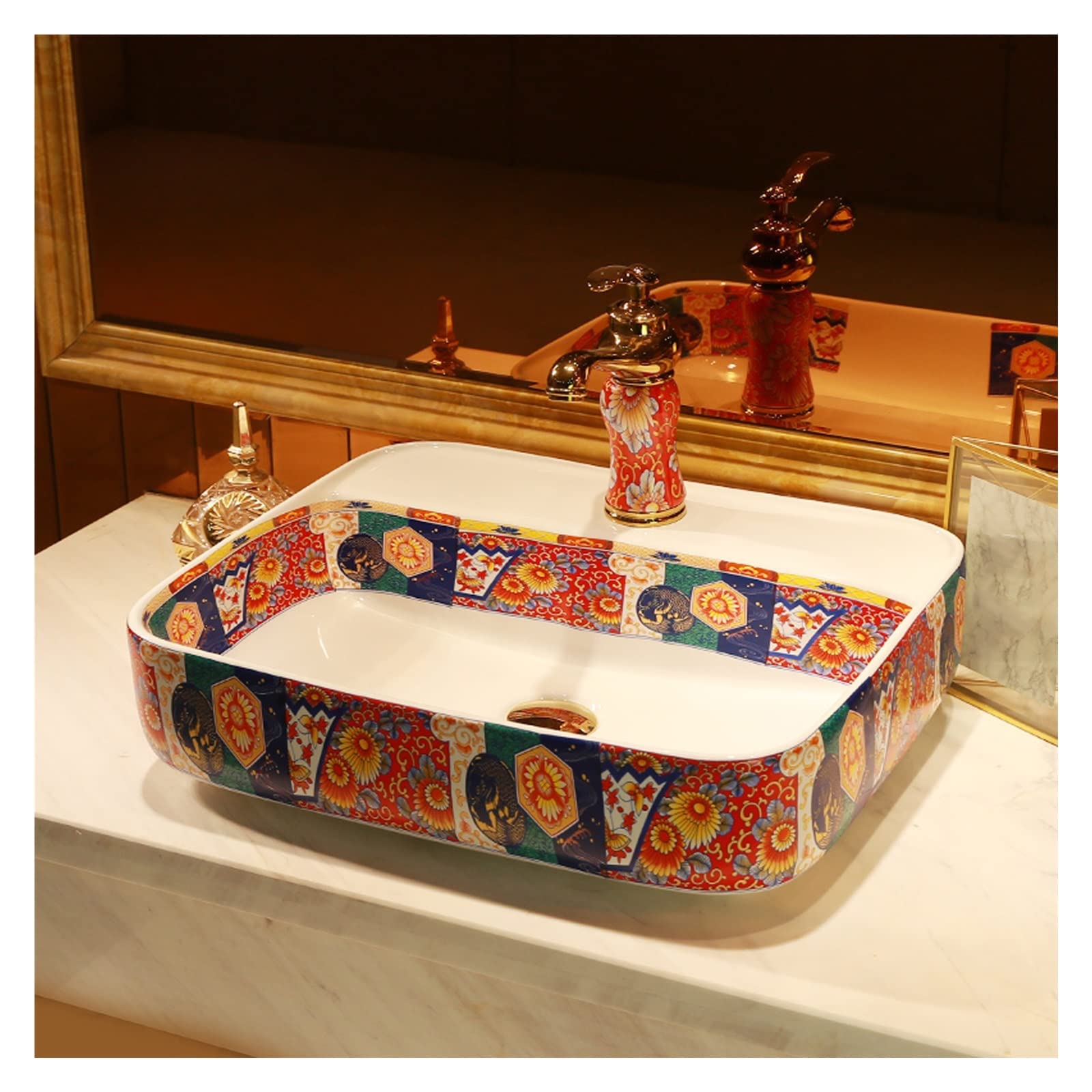 Sjdopulse Rectangle Vessel Sink And Faucet Combo, Luxurious Fashion Above Counter Lavatory Vanity Sink Art Basin, Bathroom Artistic Porcelain Bowl For Bar Cloakroom