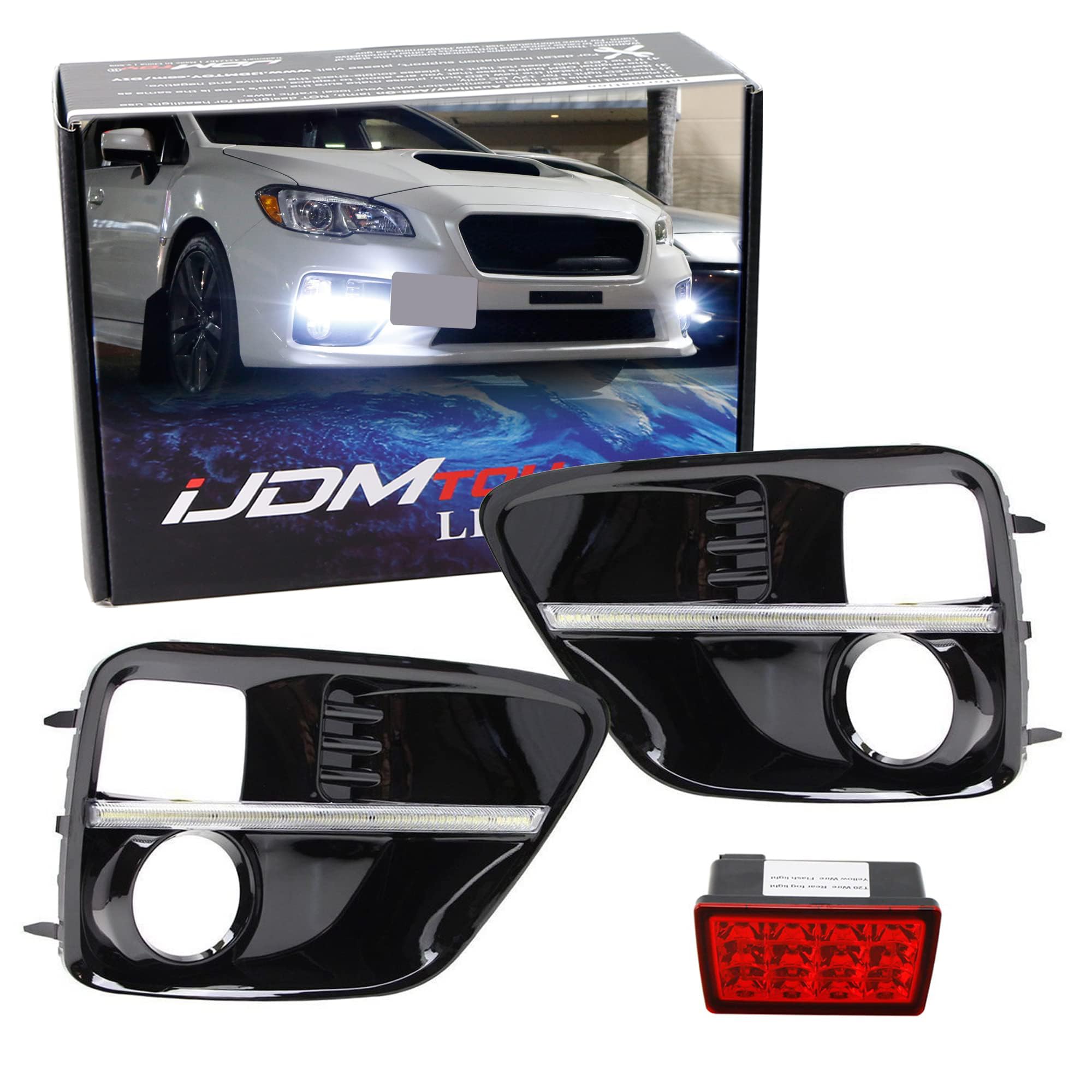iJDMTOY JDM S4 LED DRL Fog Light Bezels Plus Red Lens F1 Style LED Rear Foglight Combo Kit Compatible With 2015-2017 Subaru WRX or WRX STI
