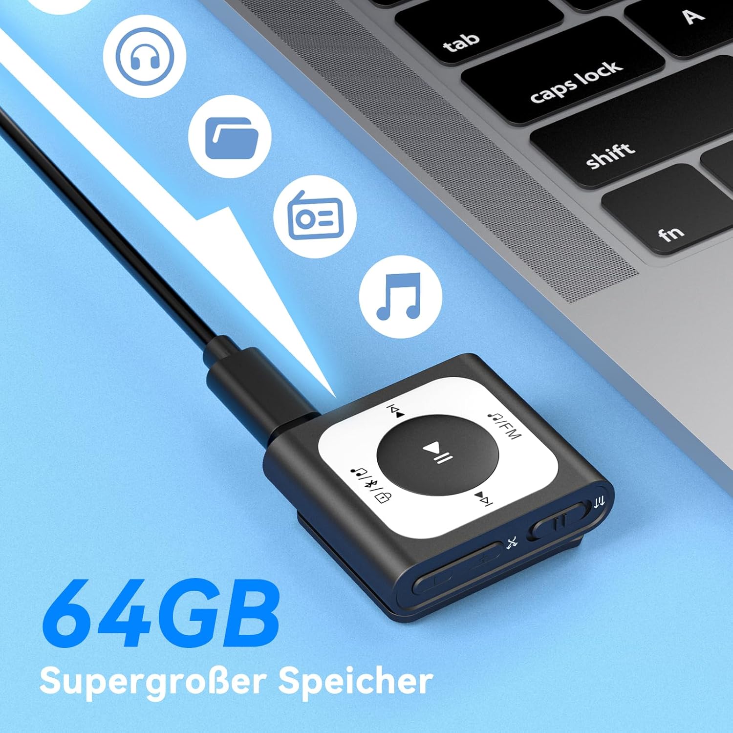 AGPTEK A51PL MP3 Player connected to a laptop via USB-C cable, showing data transfer icons