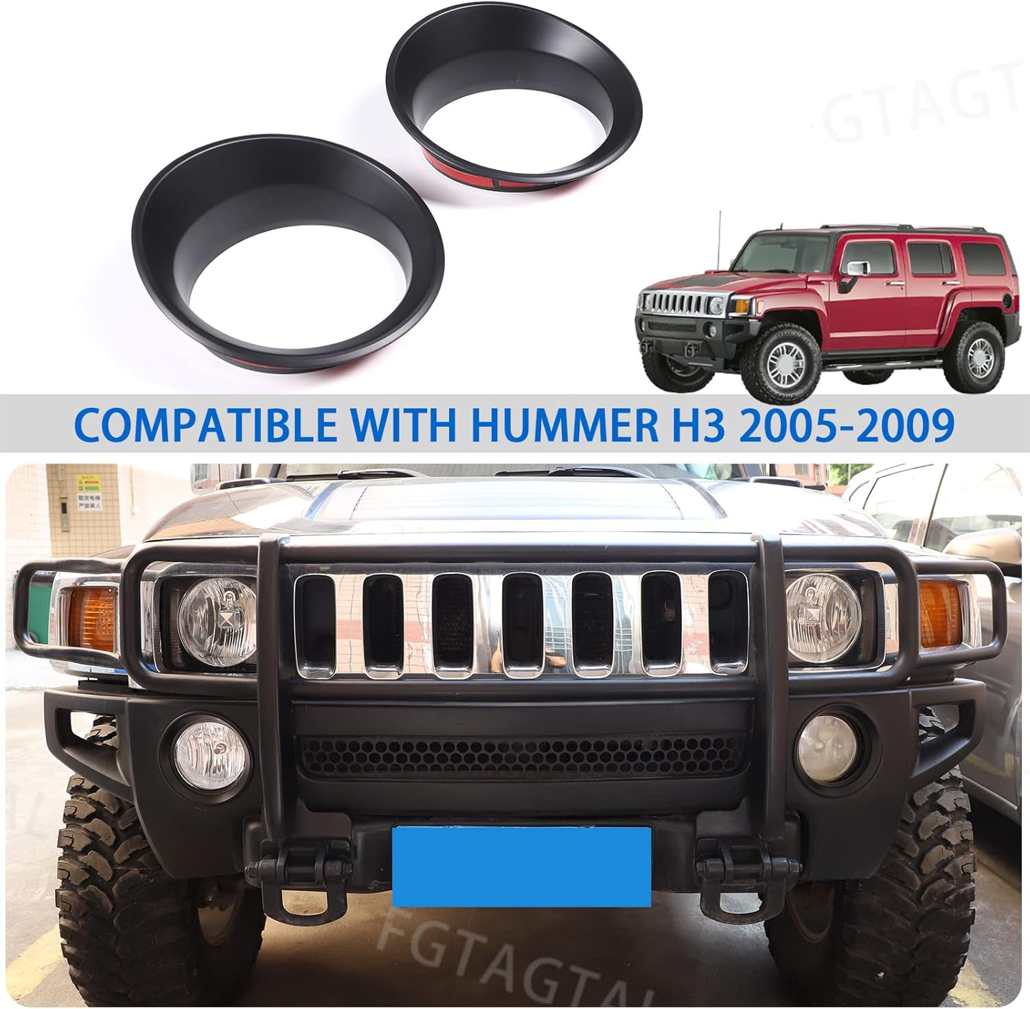 Front Bumper Driving Fog Light Ring Bezels Covers Trim Molding Fit for Hummer H3 2005-2009, ABS Front Fog Light Lamp Decoration Protector Accessories, 2PCS (Matte Black)