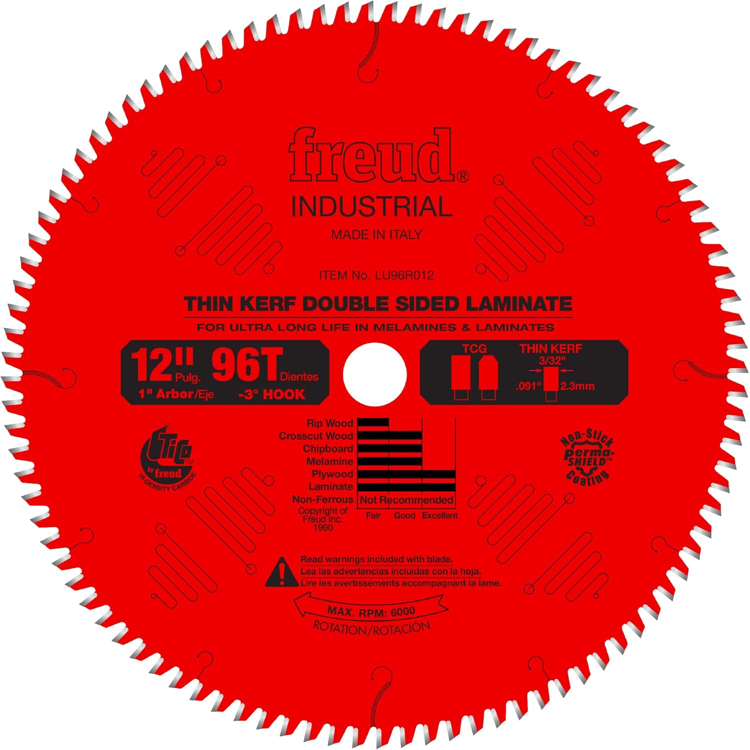 Freud LU96R012: 12" x 96T Thin Kerf Double Sided Laminate/Melamine